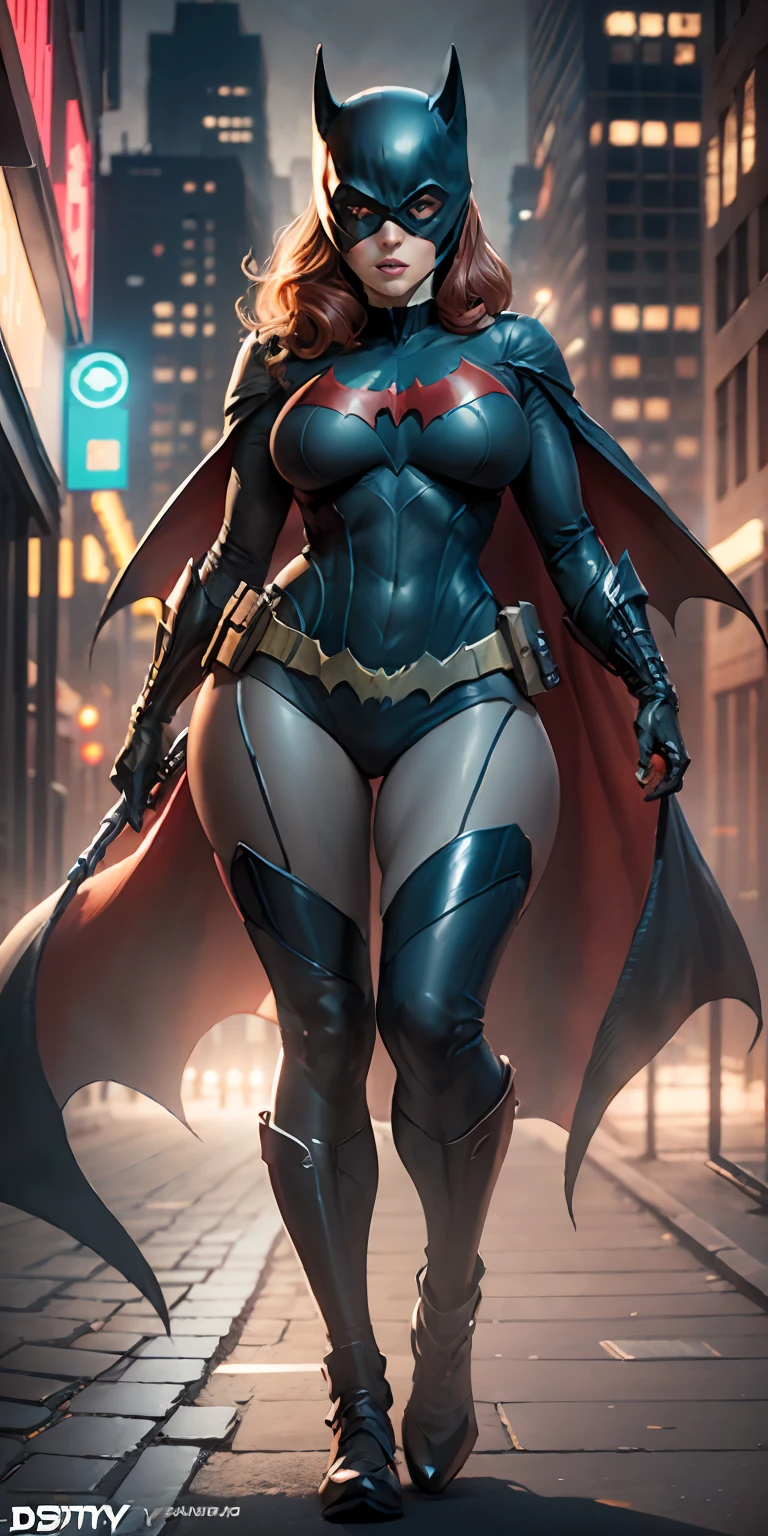 Batwoman from DC, big breasts, frontal, full-length, looking at the camera, facing the audience, standing pose, Gotham city background, three-dimensional light, detailed full-body concept, sleek digital concept art, beautiful full-body concept art, art trend, CGsociety full-length,