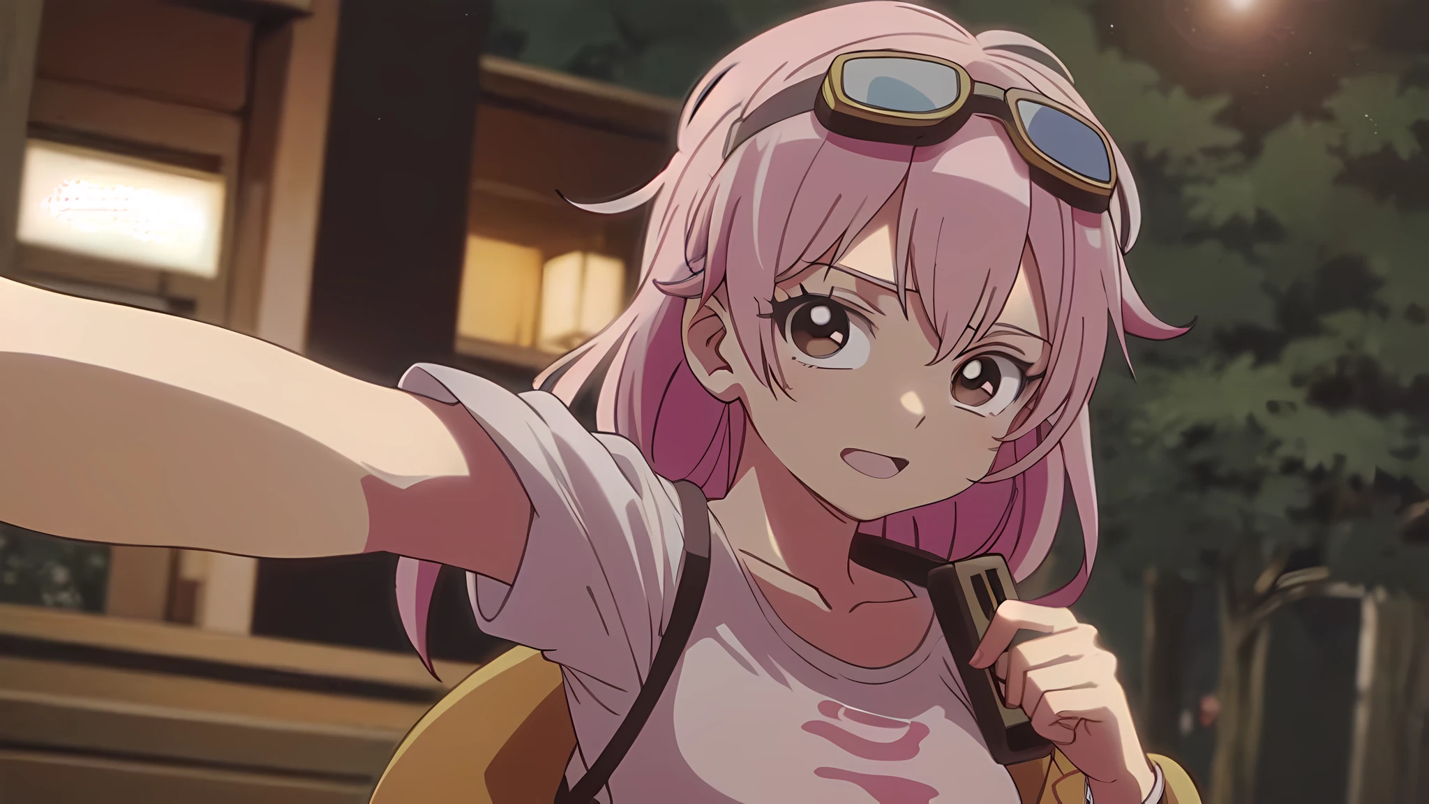 Anime girl with pink hair and goggles on her head,selfie,