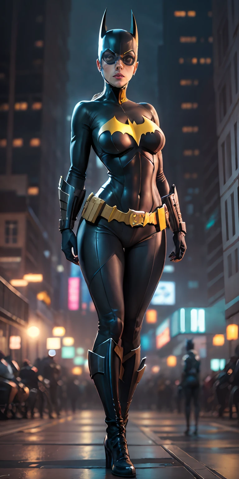 Batgirl from DC, big breasts, frontal, full-length, looking at the camera, facing the audience, standing pose, Gotham City background, three-dimensional light, detailed full-body concept, sleek digital concept art, beautiful full-body concept art, art trend, CGsociety full-length,
