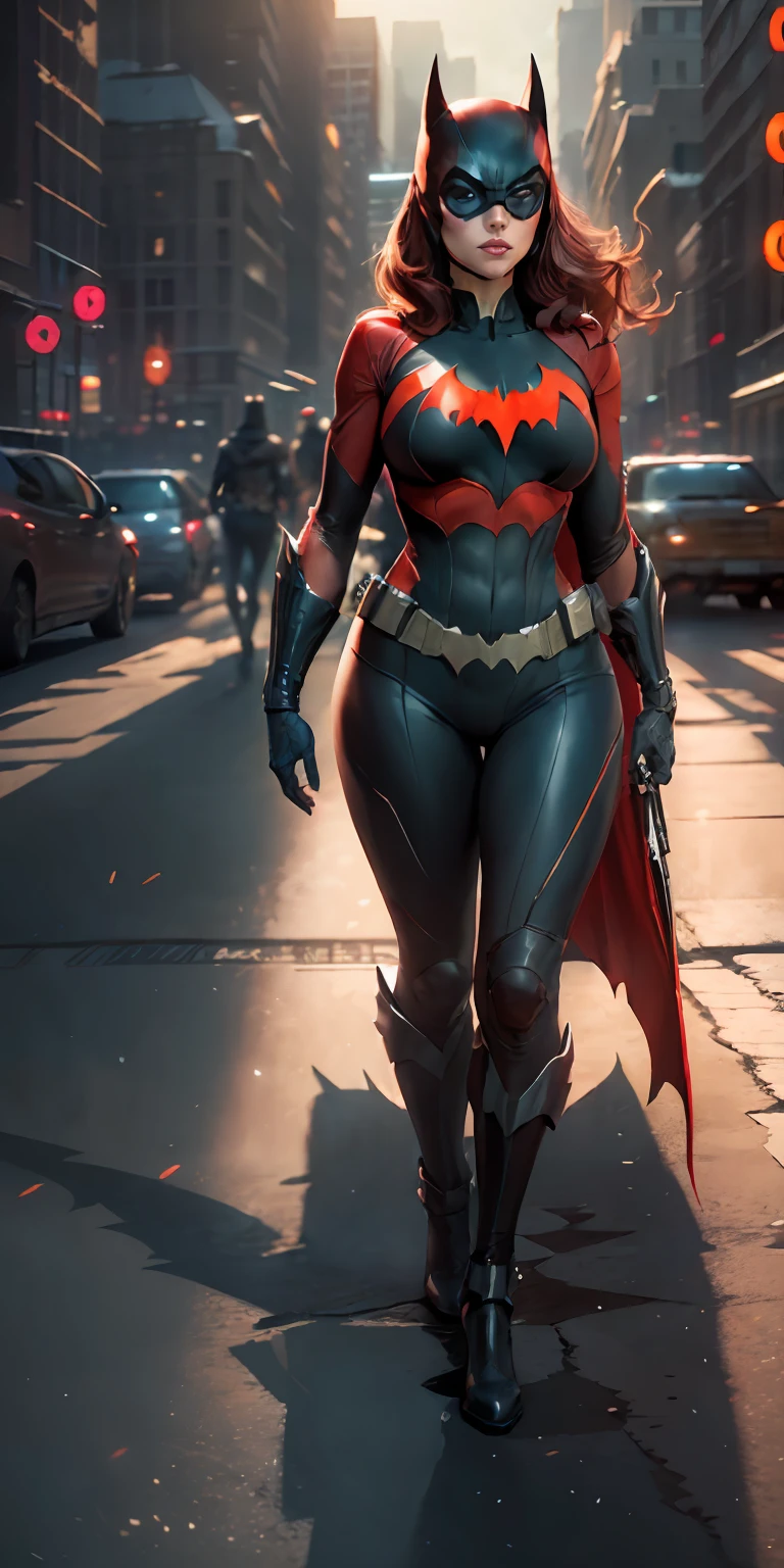 Batwoman from DC, big breasts, frontal, full-length, looking at the camera, facing the audience, standing pose, Gotham City background, three-dimensional light, detailed full-body concept, sleek digital concept art, beautiful full-body concept art, art trend, CGsociety full-length,