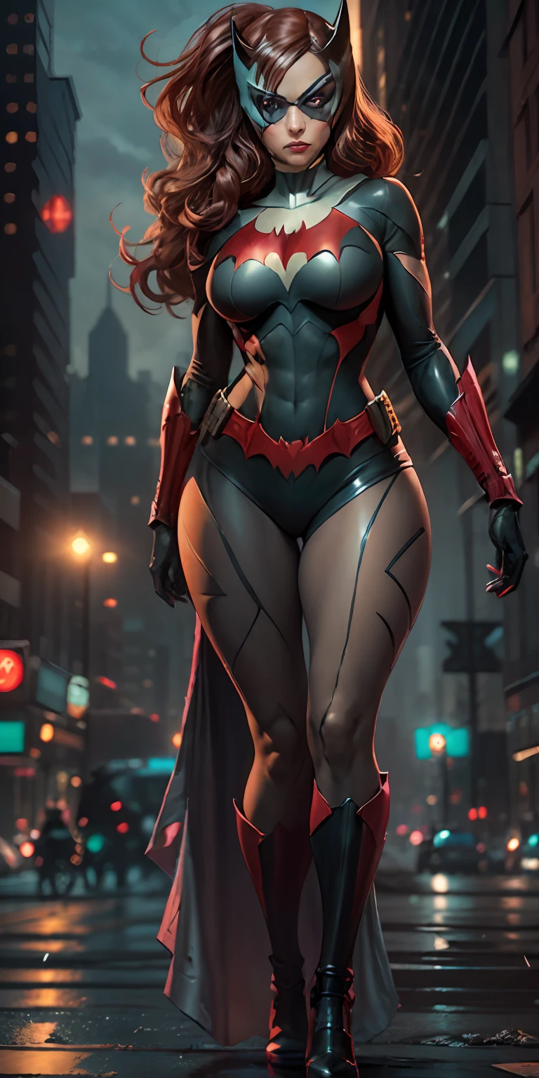 Batwoman from DC, big breasts, frontal, full-length, looking at the camera, facing the audience, standing pose, Gotham City background, three-dimensional light, detailed full-body concept, sleek digital concept art, beautiful full-body concept art, art trend, CGsociety full-length,