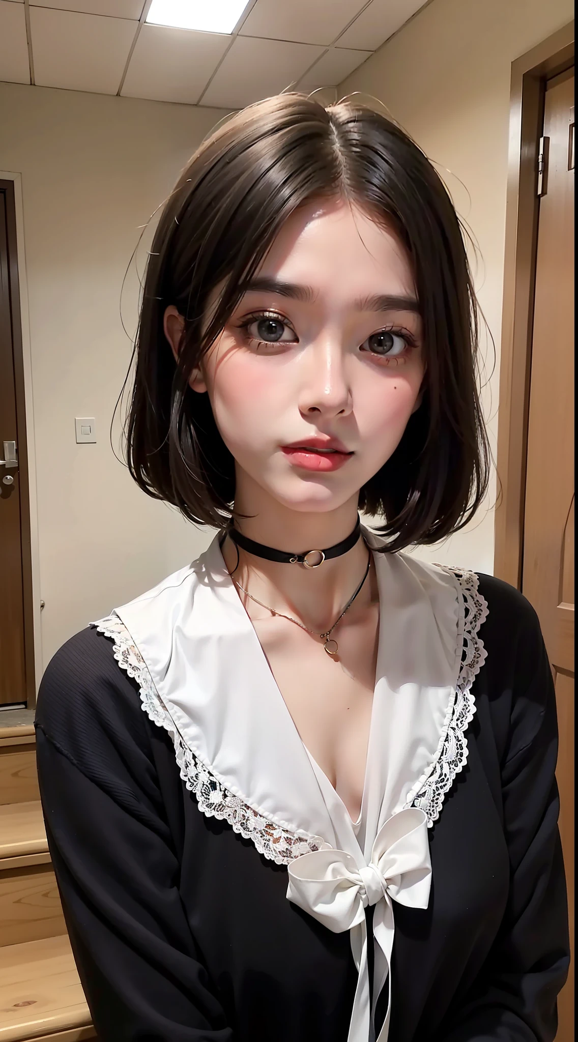masterpiece、top-quality、Raw photo、Photorealsitic、hugetits、face lights、shinny skin、hight resolution、super detailing、Black Choker、A dark-haired、Medium Hair、校服、hi-school girl、stairs at school