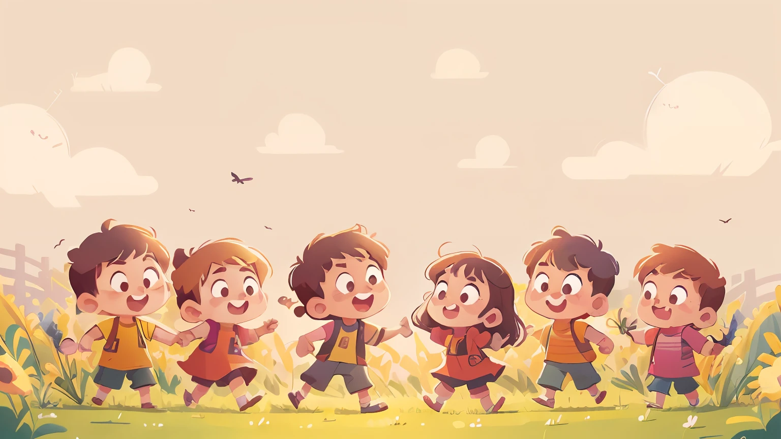 High quality illustrations in cartoon style, Use a solid background as the background, Show cute children playing in the fields,The scene is colorful,detail-rich,Extremely high resolution。