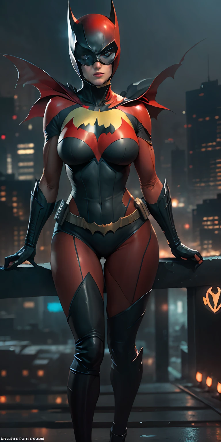 Batwoman from DC, big breasts, frontal, full-length, looking at the camera, facing the audience, standing pose, Gotham City background, three-dimensional light, detailed full-body concept, sleek digital concept art, beautiful full-body concept art, art trend, CGsociety full-length,