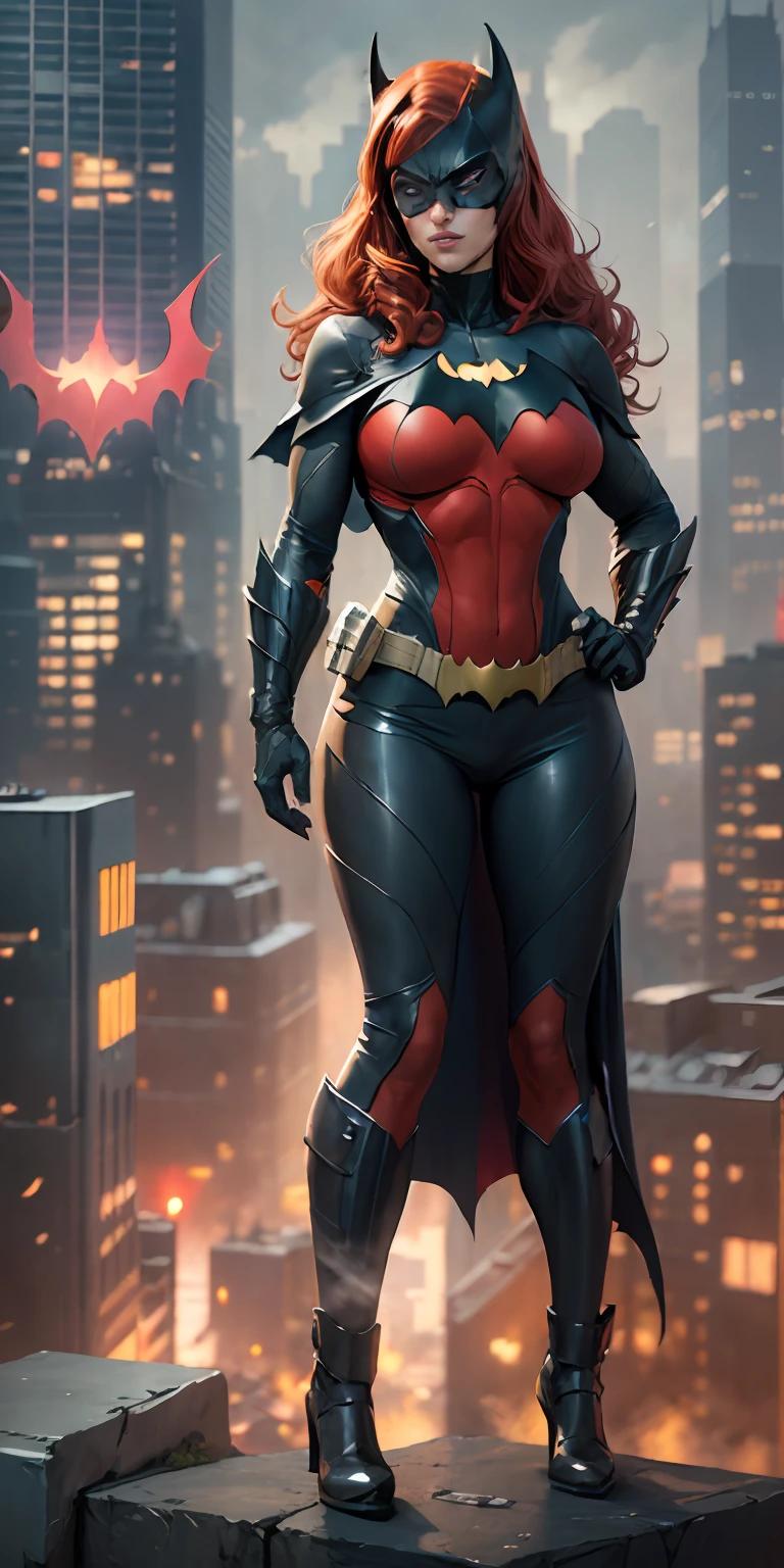 Batwoman from DC, big breasts, frontal, full-length, looking at the camera, facing the audience, standing pose, Gotham City background, three-dimensional light, detailed full-body concept, sleek digital concept art, beautiful full-body concept art, art trend, CGsociety full-length,