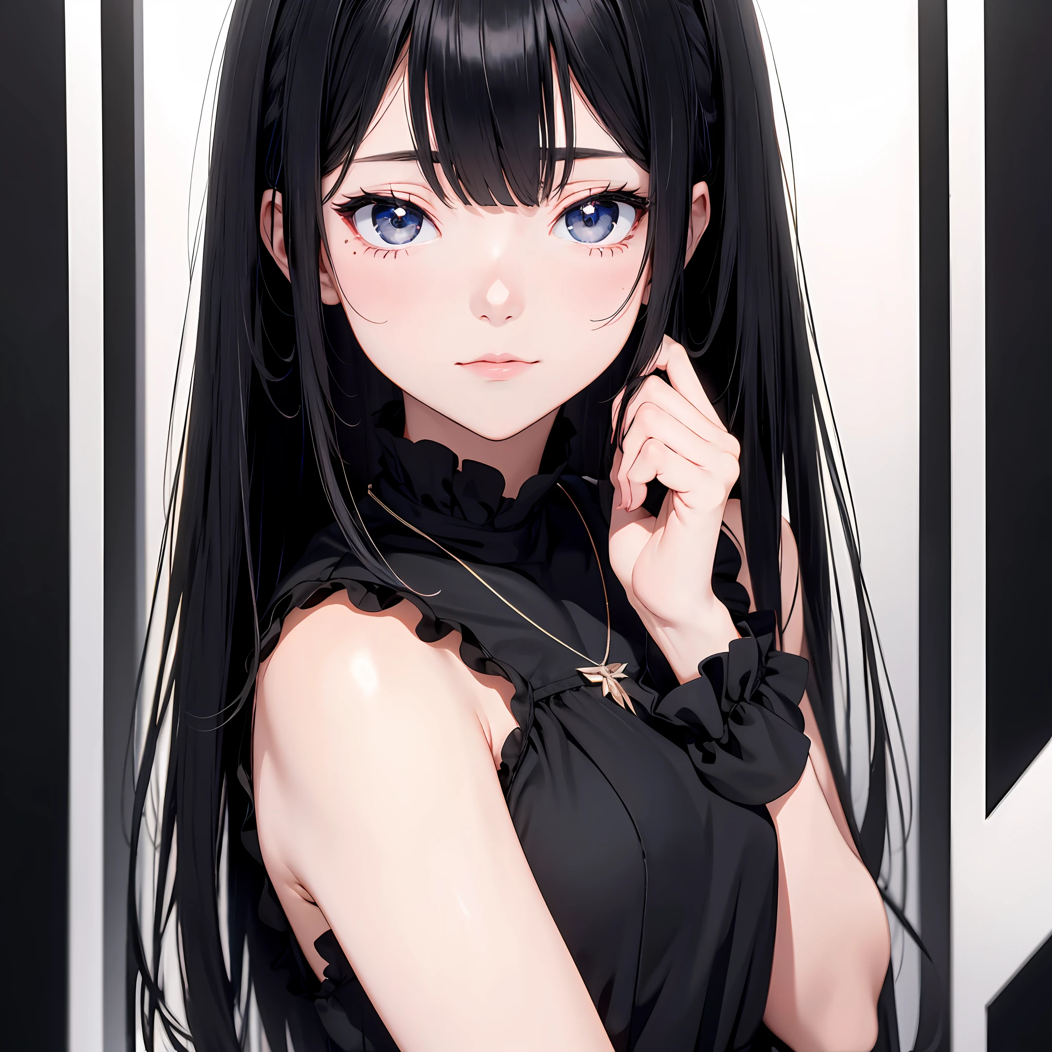 Cute adult girl standing, girl focus, (Full body close-up), ((Plain black background)), pokerface, upright immovable, (1girl in:1.3), Bangs, a necklace, facing front, （black cloth ), Crystal gray Eyes, slender, masterful technique, Long hair, animetic, Solo, bright black hair, Masterpiece, ultra detail, [wide-hips], Beautiful Girl, (Detail Face), detail hands, ultra detail eyes, nothing face emotion, Beautiful eyes, hair over shoulder, mole under eye, symmetry, Super Detail, High quality, 8k