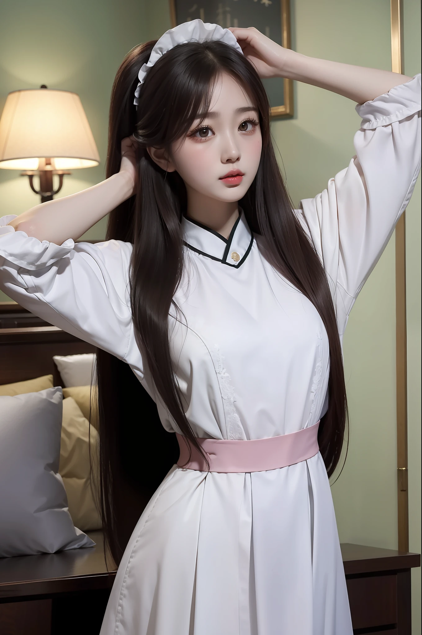 Yushuxin， 1girll，Pure， 独奏， long whitr hair， brunette color hair， Realistis， Arms up， cparted lips， station， pillow head， stretching， the maid outfit， looking at viewert， 黑The eye
