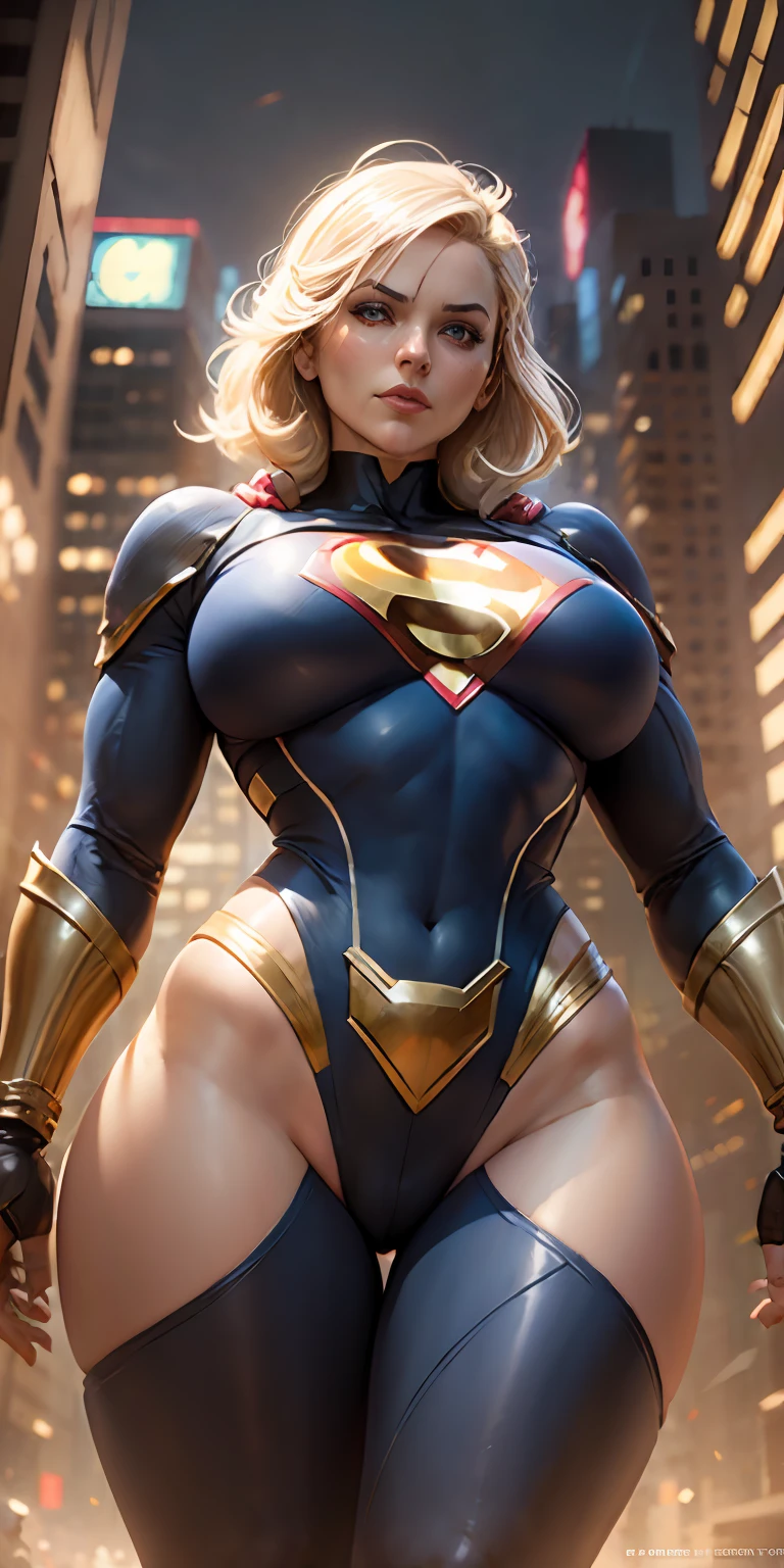 Power Girl from DC, big breasts, frontal, full-length, looking at the camera, facing the audience, standing pose, Metropolis background, three-dimensional light, detailed full-body concept, sleek digital concept art, beautiful full-body concept art, art trend, CGsociety full-length,