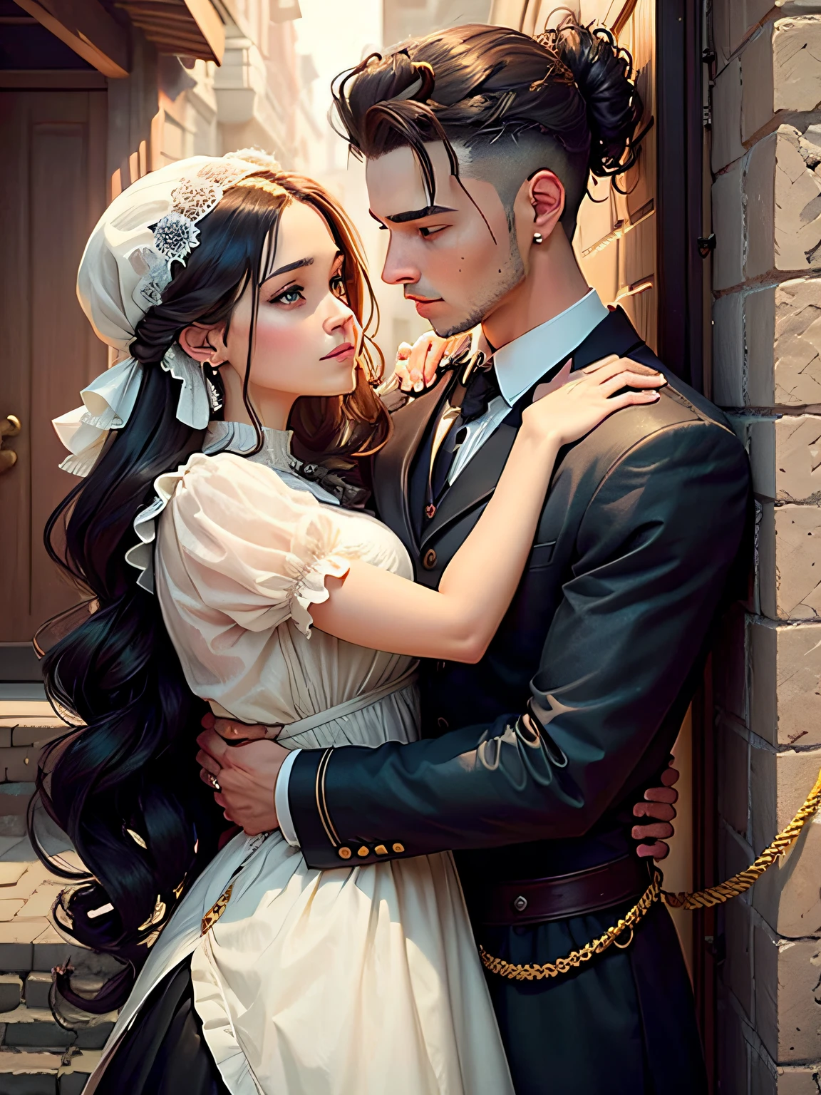 a young man and a woman，hugs，Daytime scene，period costume，The woman's head wears a hair ornament，Male coiled hair， --auto