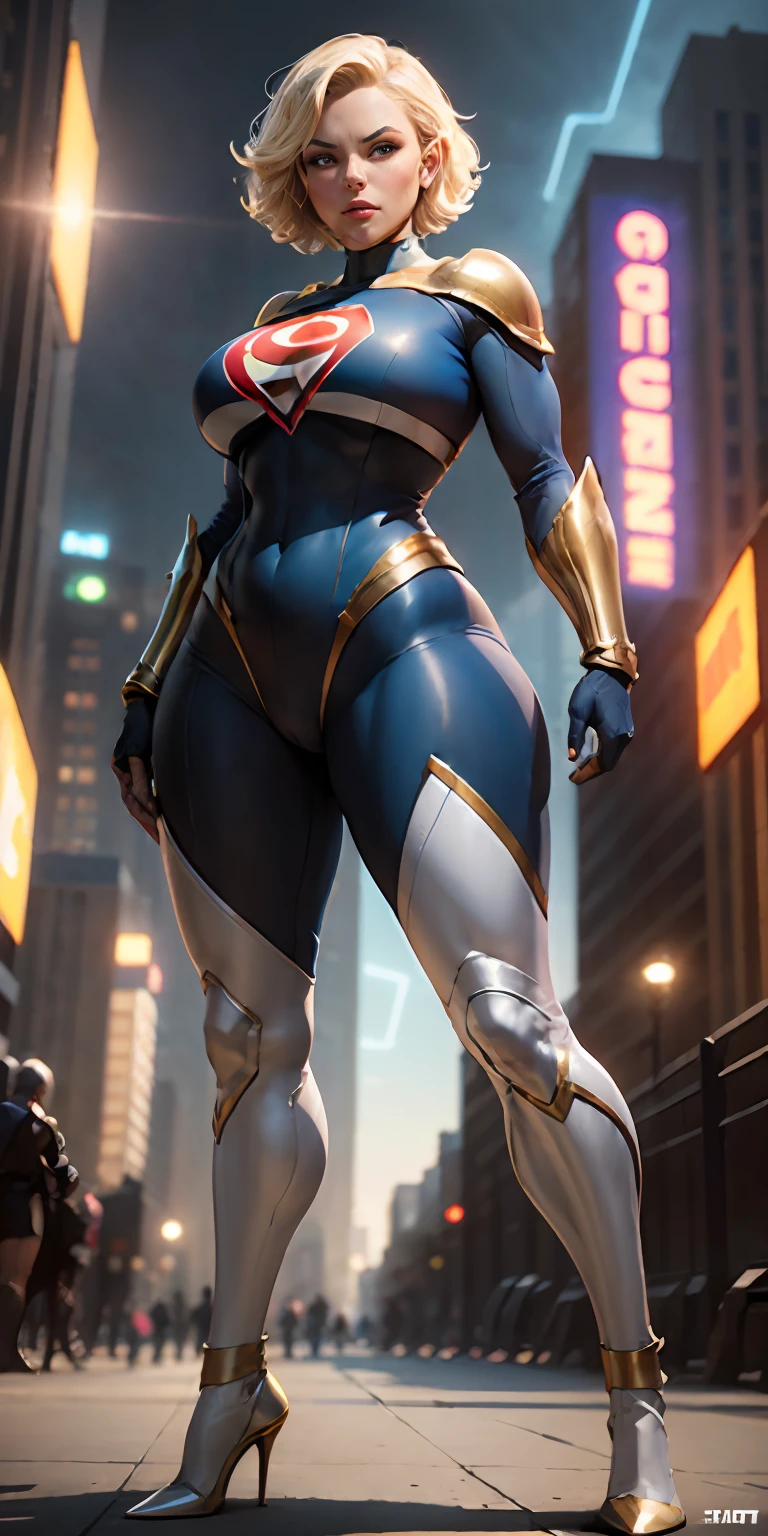 Power Girl from DC, big breasts, frontal, full-length, looking at the camera, facing the audience, standing pose, Metropolis background, three-dimensional light, detailed full-body concept, sleek digital concept art, beautiful full-body concept art, art trend, CGsociety full-length,
