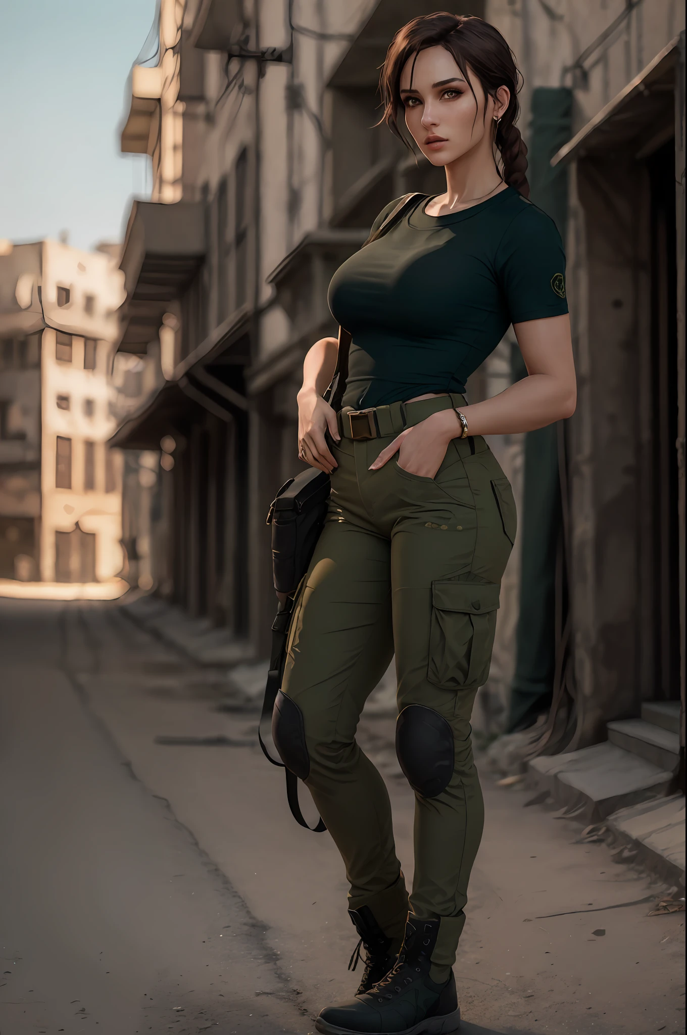 octane render, hdr, (hyperdetailed:1.3), (frontal soft light, sharp:1.2), Beautiful (Lara Croft:1) in a street,  detailed face, perfect body, cinematography, maximum details, neutral colors, hdr, soft cinematic light, insane details, ((realistic filter)), (look at camera), (perfect legs), (perfect breast),random view, (regular hip), ((Dark green round neck plain Tee-shirt full length tee-shirt,)), army cargo pants, boots, black hair's, turk beautiful girl, full length tee-shirt, round neck plain.