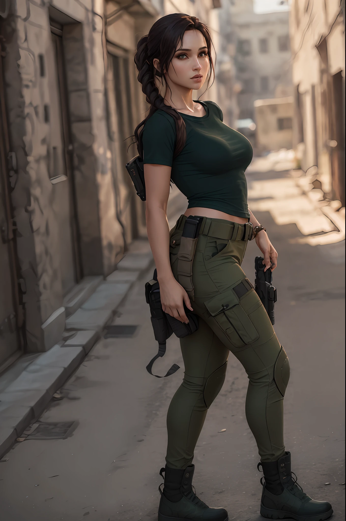 octane render, hdr, (hyperdetailed:1.3), (frontal soft light, sharp:1.2), Beautiful (Lara Croft:1) in a street,  detailed face, perfect body, cinematography, maximum details, neutral colors, hdr, soft cinematic light, insane details, ((realistic filter)), (look at camera), (perfect legs), (perfect breast),random view, (regular hip), ((Dark green round neck plain Tee-shirt full length tee-shirt,)), army cargo pants, boots, black hair's, turk beautiful girl, full length tee-shirt, round neck plain.