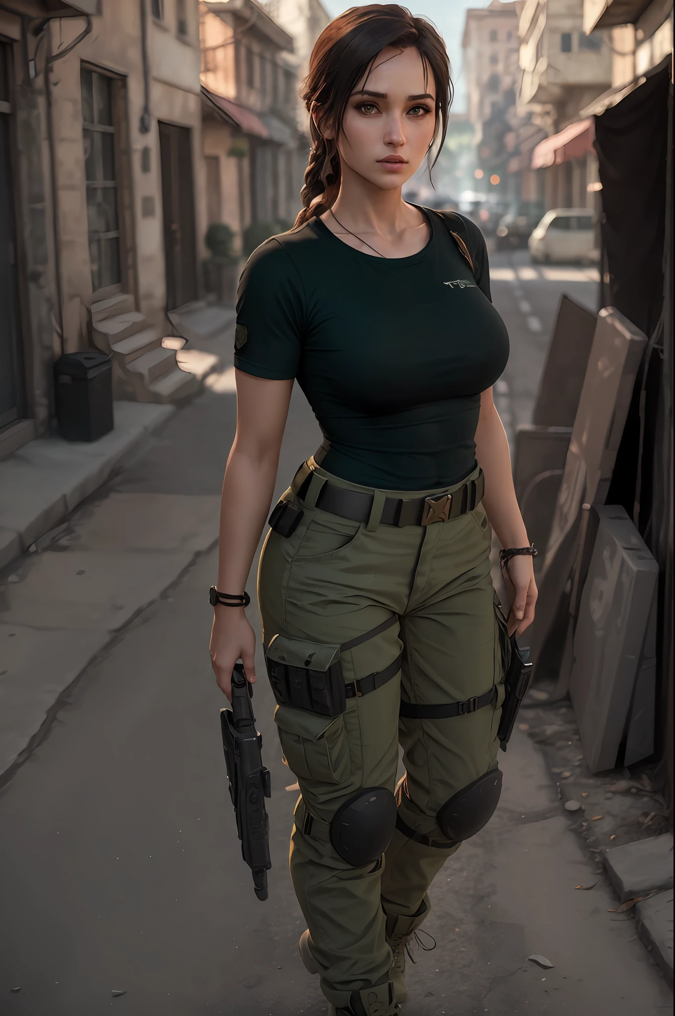 octane render, hdr, (hyperdetailed:1.3), (frontal soft light, sharp:1.2), Beautiful (Lara Croft:1) in a street,  detailed face, perfect body, cinematography, maximum details, neutral colors, hdr, soft cinematic light, insane details, ((realistic filter)), (look at camera), (perfect legs), (perfect breast),random view, (regular hip), ((Dark green round neck plain Tee-shirt full length tee-shirt,)), army cargo pants, boots, black hair's, turk beautiful girl, full length tee-shirt, round neck plain.