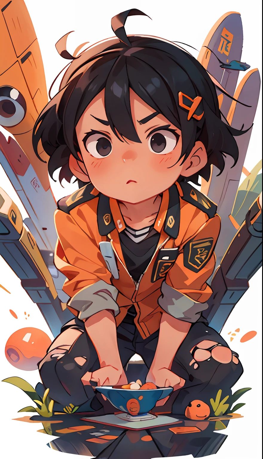 raw，8k，tmasterpiece，simplebackground，Best quality at best，ultra - detailed，illustratio，1  boy，Aviator，黑The eye，Black hair，Orange uniform，with a round face，chineseidol，Prepare before takeoff，flight deck，full bodyesbian，frontage