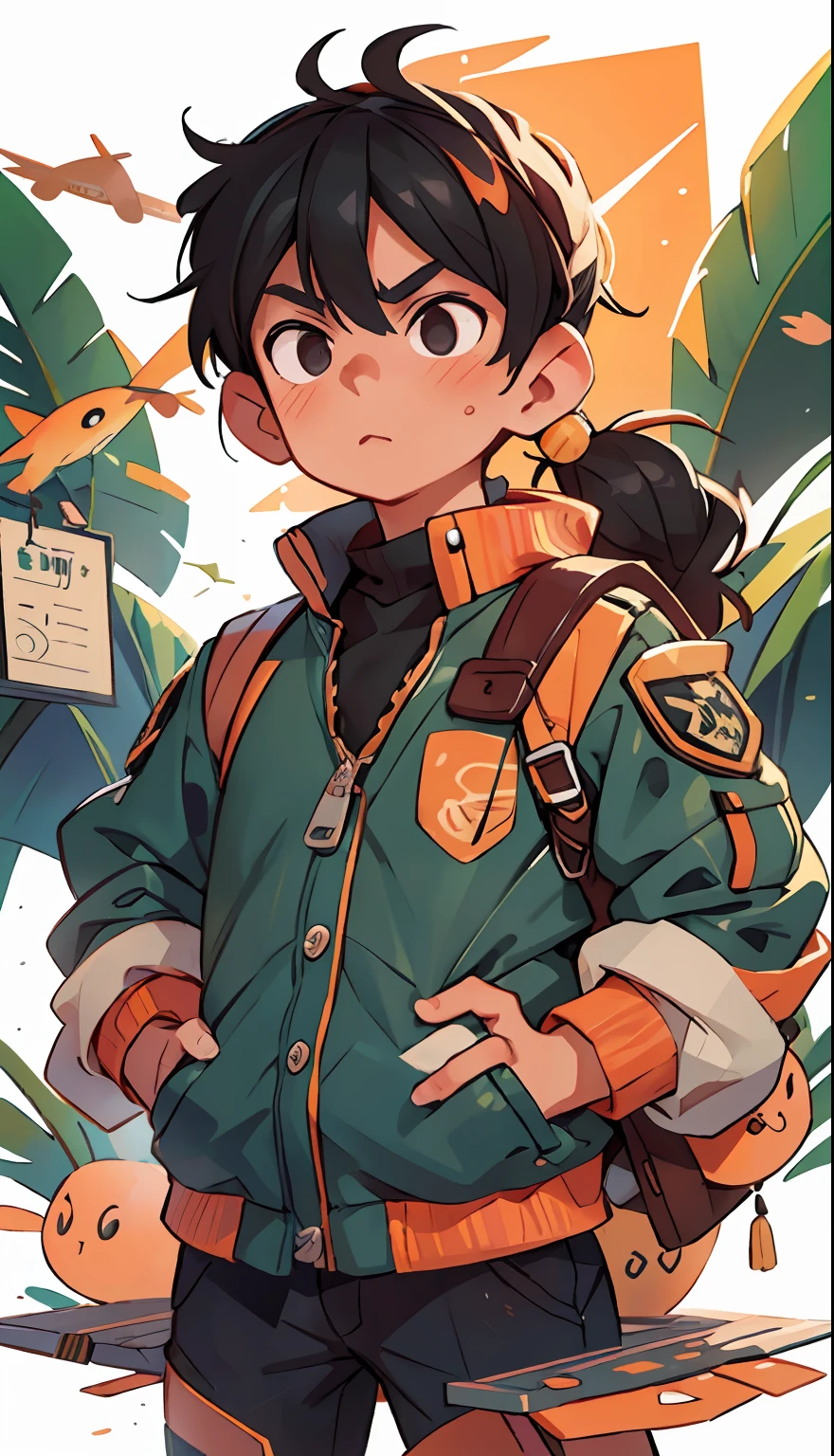 raw,8k,tmasterpiece,simplebackground,Best quality at best,ultra - detailed,illustratio,1 little boy,Aviator,黑The eye,Black hair,Orange uniform,with a round face,chineseidol,Prepare before takeoff,flight deck,full bodyesbian,frontage