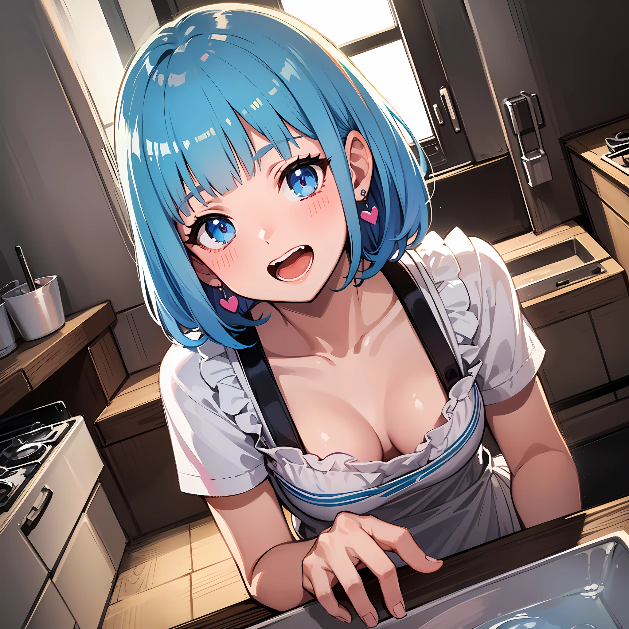 (masterpiece:1.3), (best quality:1.3), high resolution,
dutch angle, overlook view, couboy shot,
breast squeeze, body facing forward,
(one cute girl:1.3), solo,
white skin, small Breast, eight-headed person,
light blue hair, (bobbed hair:1.2), (short hair:1.2), (blunt bangs:1.2), beautiful hair, blue eyes, beautiful detailed eyes,
open mouth, heart, cheerful smile,
apron, earrings,
indoors, kitchen, white room,
shadowlighting,