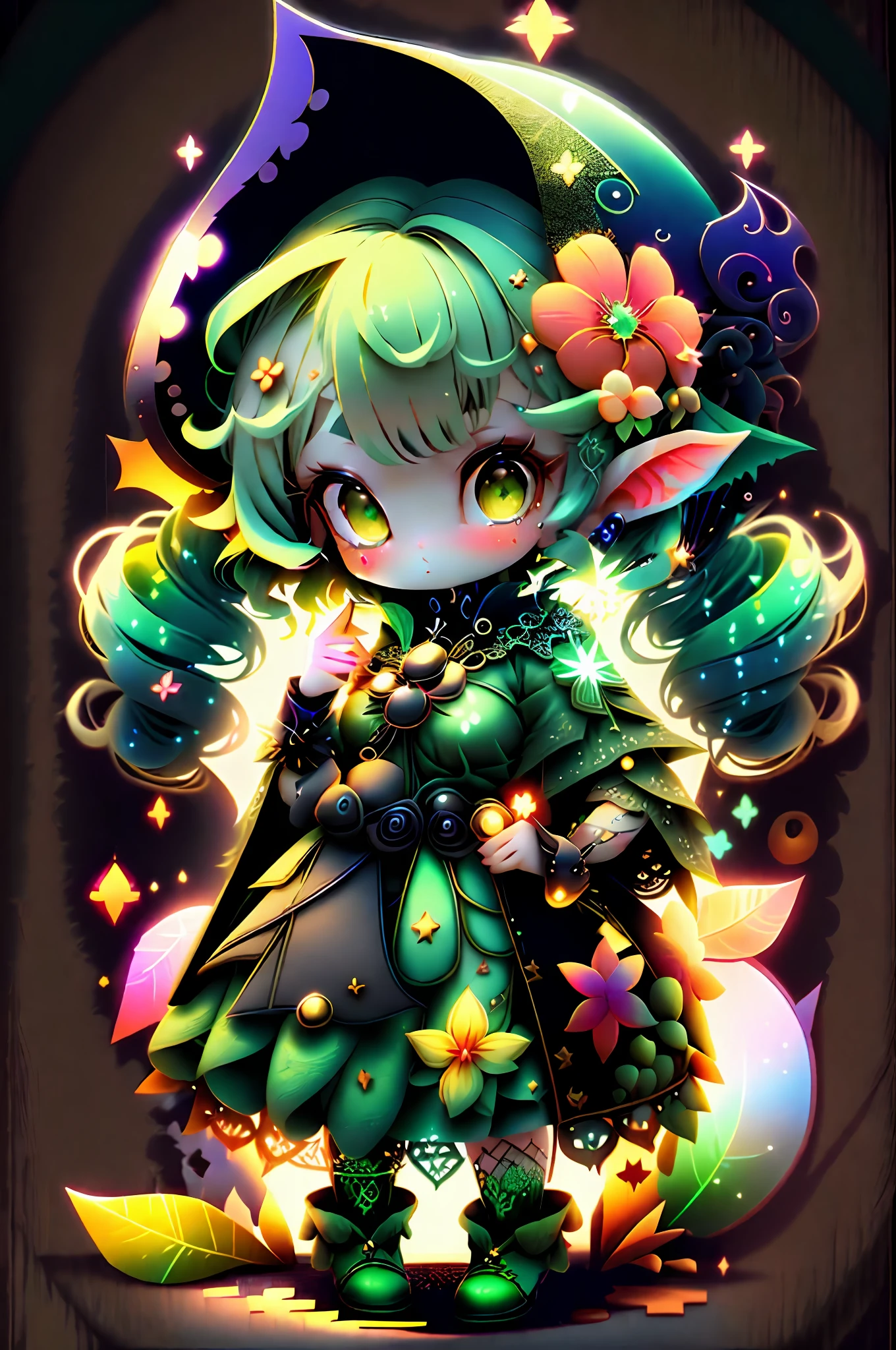 plastican00d, sorceress woman, tchibi, black, twin drills, black, Magnificent,view the viewer, paneled background,Lolita prostitute,elvish ears,Green hair,Hold a staff in your left hand,Golden clothes,Surrounded by flowers,Sexy and feminine,High pixel,Light and shadow magic