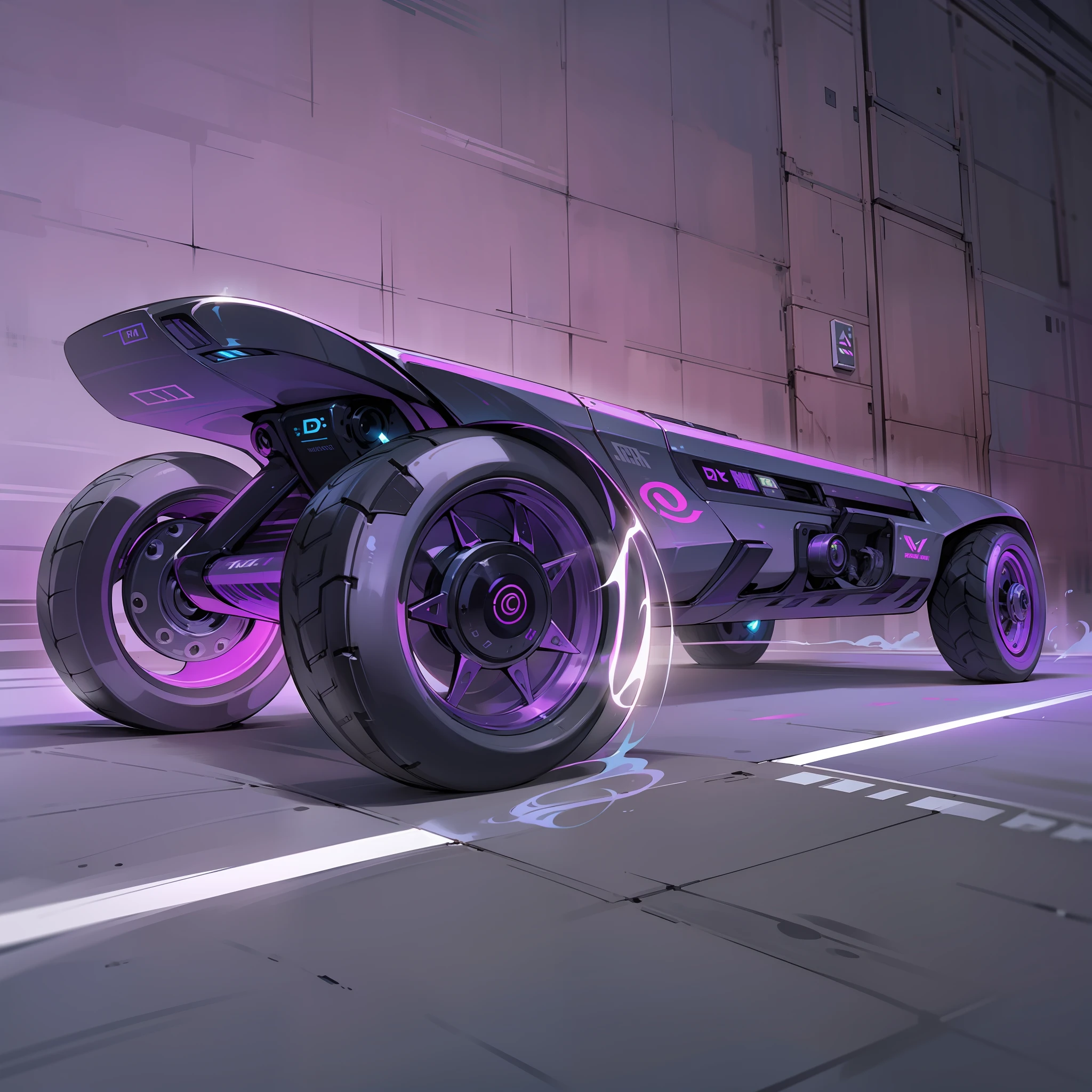 Electric skateboard promotional image DNA shape logo cool reflective premium light and shadow minimalism purple hue steam cyberpunk glow four wheels