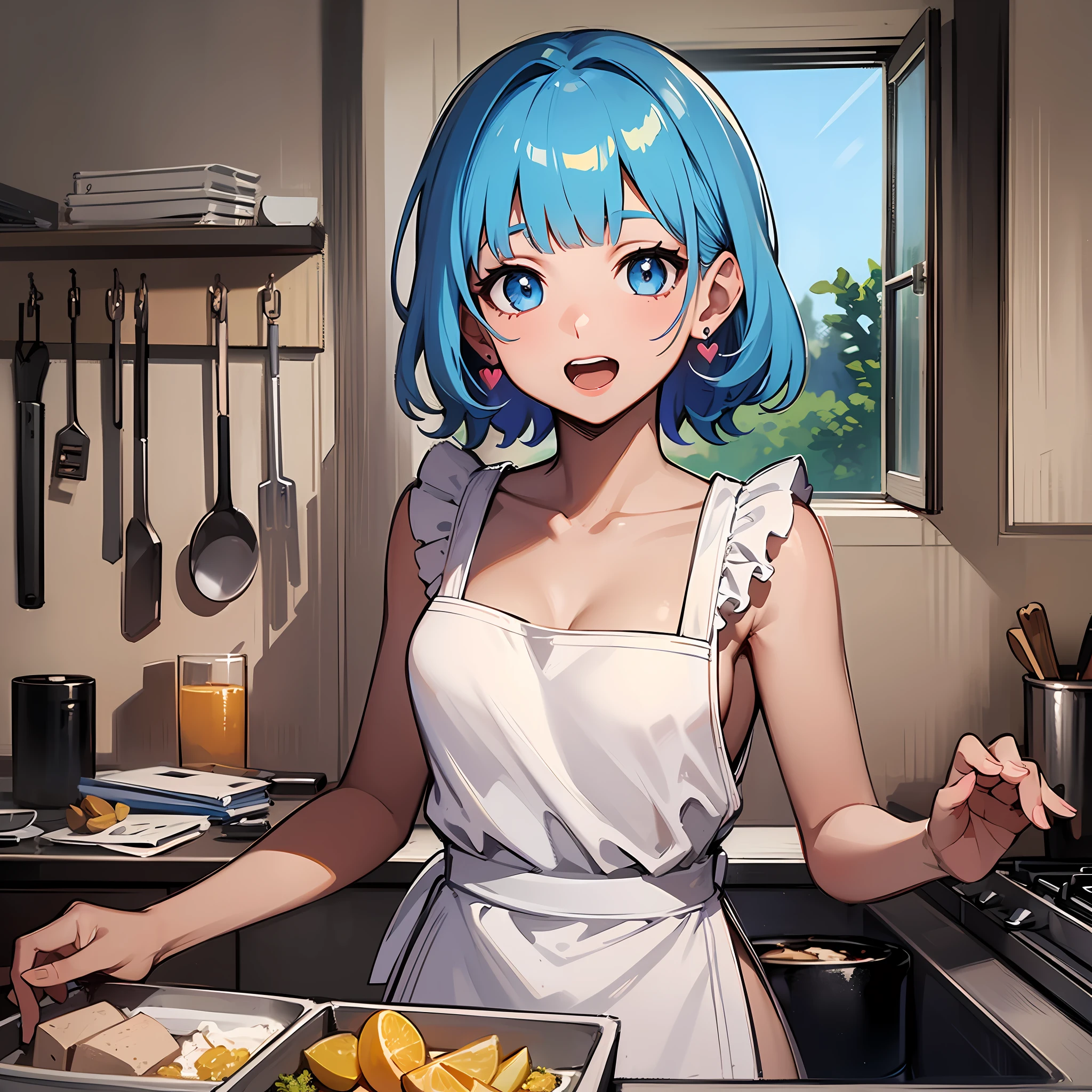 (masterpiece:1.3), (best quality:1.3), high resolution,
dutch angle, overlook view, couboy shot,
breast squeeze, body facing forward,
(one cute girl:1.3), solo,
white skin, small Breast, eight-headed person,
light blue hair, (bobbed hair:1.2), (short hair:1.2), (blunt bangs:1.2), beautiful hair, blue eyes, beautiful detailed eyes,
open mouth, heart, cheerful smile,
apron, earrings,
indoors, kitchen, white room,
shadowlighting,