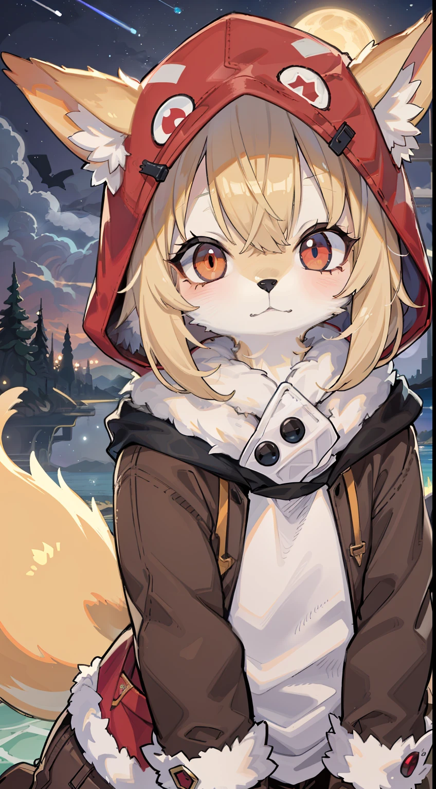 Fox Boy，Shota，hairy pubic，shaggy，Skin fur，Golden fur，Golden yellow face fur,Short straight blonde hair，Eyes have light，Red eyes，Brown elements on fur，Brown coat brown hood up，Star pattern white top，brown trousers，Beautiful lights and shadows，Ambient light，Ultra-fine fur，volumettic light，Night,natural  lightting，Fluffy tail，Night，starrysky，Vast landscape，crossed bangs, Hairline, Shiny hair, lone nape hair, ，Dilated pupils，Sleepy，（moon full：1.2），（meteors：0.9），（Starcloud：1.3），seawall（Warm light source：1.2），（glowworm：1.2）， Purple and orange，Complicated details，Volumetriclighting，Realist breakthrough（tmasterpiece：1.2）（best qualtiy），4K，Ultra-delicate，（Dynamic configuration：1.4），Highly detailed and colorful details，（Irridescent color ：1.2），（luminouslighting，Atmospheric lighting），dream magical，magic，（独奏：1.2）Glowing light,Empty eyes, partial underwater shot