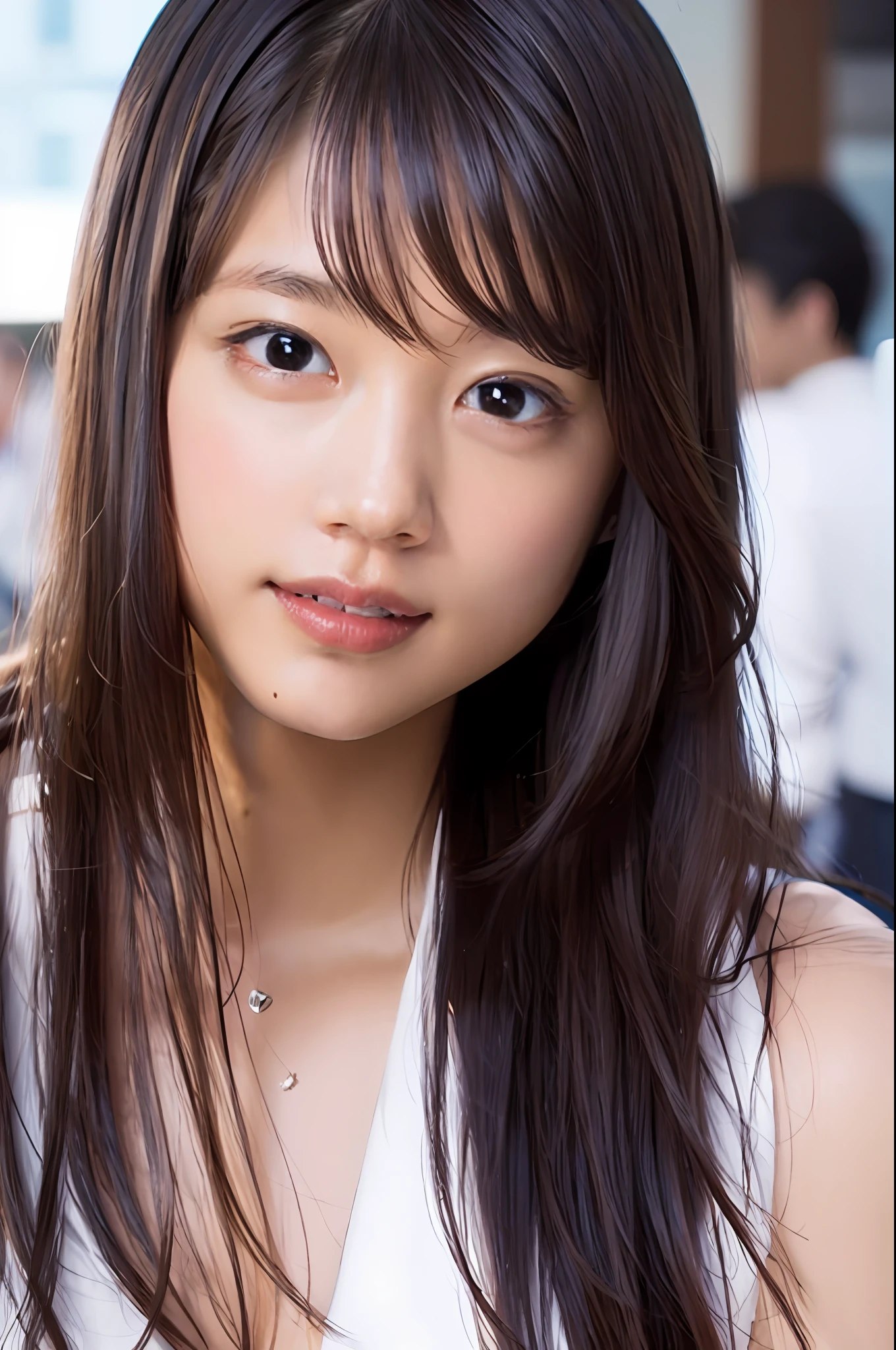 (8k, RAW photo, top quality, masterpiece: 1.2), (realistic, photorealistic: 1.37), super detail, ultra high resolution, one girl, beholder, beautiful detailed face, smile, constriction, (slim waist): 1.3), shirt, beautiful detailed skin, skin texture, floating hair, professional lighting, big breasts, kind eyes, white sleeveless, peering,sexy
