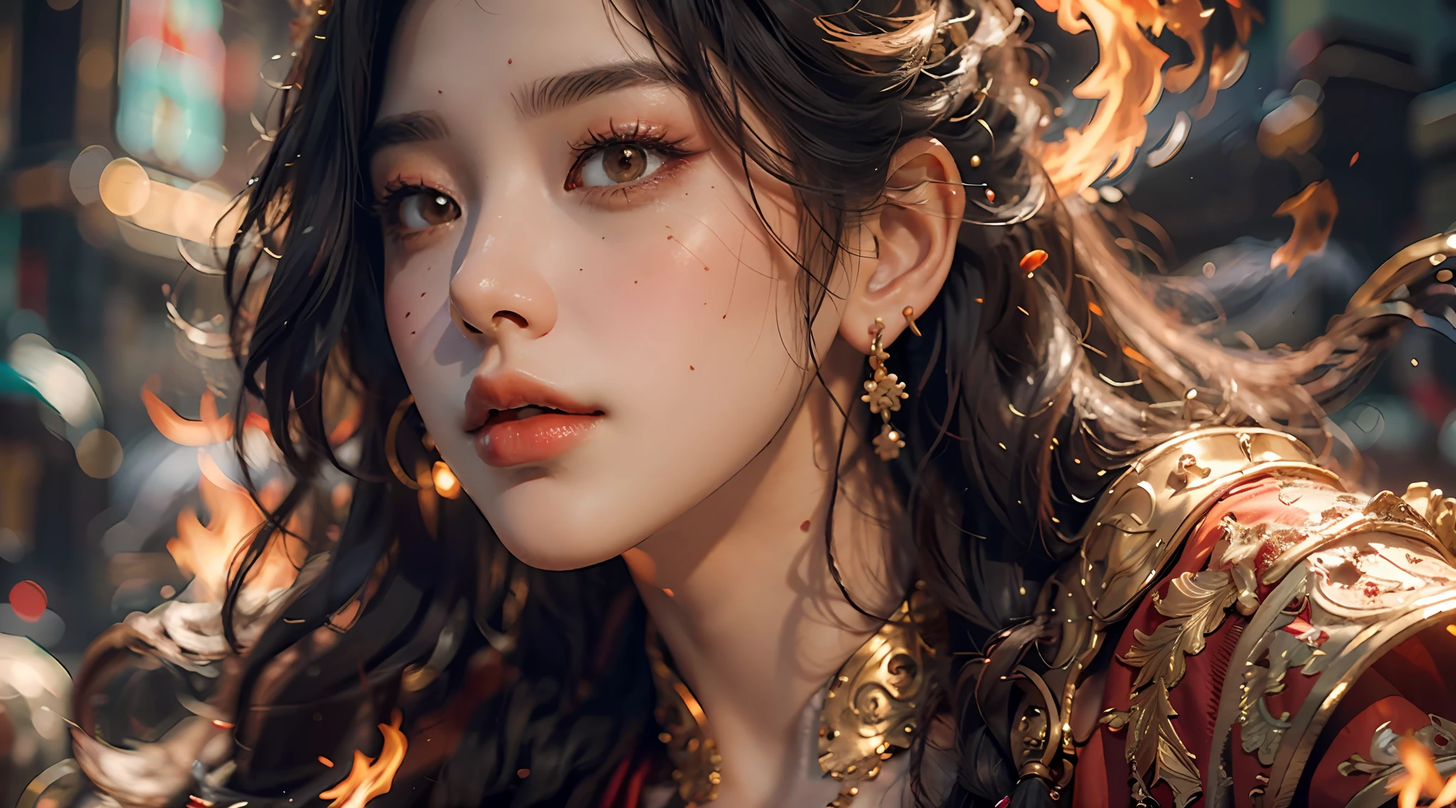Best quality,masterpiece,ultra high res,(photorealistic:1.4)1girl,beautiful_face,detailed skin,full body,yuhuoshu,jewelry,solo,earrings,(fire:1.3),blurry,realistic,lips,