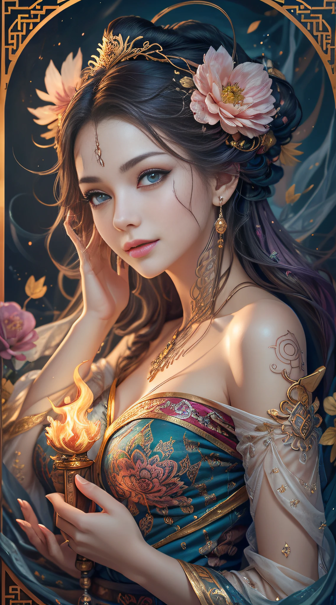 Smooth and dynamic girl, wearing a loose and flowing pink dress, mysterious expression, curly black-pink hair, [Aishwarya Rai], bold and colorful abstract art in a modern and abstract environment, blurred background, bright lights, official art, Unity 8k wallpaper, (zentangle, mandala, tangled, tangled), complex clothes, stroke (whole body, from all directions, masterpiece, top quality, best quality, official art, Beauty and aesthetics: 1.2), very detailed, (fractal art: 1.1), (color: 1.1) (flowers: 1.3), highest detail, (zentangle: 1.2), (dynamic pose), (abstract background: 1.3), (shiny skin), (multiple colors: 1.4), (feathers: 1.5), dynamic angle, most beautiful chaotic forms, elegant, fauvist design, bright colors, romanticism, dark style beautiful princess of the underworld spooky bad smile complex tattoos Anime 3D Art Style 3D Dark Night Deep Black Sky Horror ((Cold Complex Skull Accessories )) (Guvez style artwork) ((Black Chinese-style underground palace with huge complex structure in background)) Leica lens Depth of field (Masterpiece, top quality, best quality, official art, Beauty and Aesthetics: 1.2), (1girl: 1.3), (Fractal Art: 1.3) (Masterpiece, Top Quality, Best Quality, Official Art, Beauty and Aesthetics: 1.2), (1girl), Extreme Detail, Colorful, Highest Detail, Official Art, Unified 8k Wallpaper, Ultra Detailed, Beautiful and Aesthetic, Beautiful, Masterpiece, Best Quality, (Zentangle, Mandala, Tangled, Entangle), Holy Light, Gold Leaf, Gold Foil Art, Glitter Drawing, PerfectNwsjMajic M Desfi masterpiece, the best quality, hair becomes fire, hair is on fire, fantasy, (Ray: 1.05), Orange Light Particles, Landscape, Fire, Beautiful and Detailed Explosion, Beautiful Detailed Glow, Flame Burning Around, Flame Burning Around, Fire Feather, Burning, Ash, (Red Sun: 1.05), (Flame Around Character: 1.1), Solo, Crazy Smile, (Detail: 1.05), High Resolution Illustration, Radiant Skin, Colorful, (Ultra Fine: 1.1), (Illustration: 1.05), (Detail Light: 1.05), (Extremely Delicate Beautiful: 1.1), Beautiful Detail Girl, Depth of Field, White_long_hair, orange_eyes, eyelashes, dark eyelashes, eyeliner, soft glowing eyes, (masterpiece, top quality, best quality, official art, beauty and aesthetics: 1.2), (1girl: 1.3), very detailed, (fractal art: 1.1), (color: 1.1) (flowers: 1.3), most detailed, (zentangle: 1.2), (dynamic pose), (abstract background:1.3), (shiny skin), (many colors:1.4), ,(earrings), (feathers:1.5), (flamethrower:1.3), red background, phoenix skirt, (masterpiece, top quality, best quality, official art, Beauty and Aesthetics: 1.2), (1girl: 1.3), (fractal art: 1.3), Masterpiece, (Best quality: 1.2), (Ultra Fine: 1.2), Illustration, (Extremely delicate and beautiful: 1.2), Cinematic angle, floating, (Beautiful detail eyes: 1.1), (Detail light: 1.1), Cinematic lighting, exquisite sky, woman, white hair, blue eyes, (high ponytail: 1.1), cape, glowing eyes, (moon: 1.2), (moonlight: 1.1), starry sky, (light particles: 1.1), fog, snow painting, sketching, blooming,anime girl in white dress with flowing hair and stars, Guvez style artwork, fantasy art style, beautiful digital artwork, beautiful character painting, Yang J, beautiful digital illustration, stunning digital illustration, 8k high quality detail art, li song, guvitz, digital fantasy art), beautiful fantasy art, trending on cgstation, (masterpiece, top quality, best, official art, beautiful and aesthetic, Long exposure: 1.2), smooth movement, charming pattern, (long skirt with sleeves: 1.3), upper body close-up, no shoulders, chinese girl, blush, black lob hair, portrait, solo, upper body, gaze observer, detailed background, detailed face, (crystallineAI, crystalline theme:1.1), dynamic pose, floating particles, ethereal power, vapor, ethereal atmosphere, official art, unified 8k wallpaper, Beauty and Aesthetics, Masterpiece, Best Quality, (Zentangle, Mandala, Tangled, Entangled), (Fractal Art: 1.3), 1girl, Very Detailed, Dynamic Angle, Cowboyshot, Most Beautiful Forms Chaotic, Elegant, Fauvist Design, Bright Colors, Romantic, Atmospheric, Ecstatic Notes, Streaming Notes Visible, Sparkle, Bloom, Anaglyph, Glowing Light, cinematic lighting, projected inset, character chart, UHD, masterpiece, super detail, textured skin, high details, high qualit award winning, best quality-V6 --q2 --s750