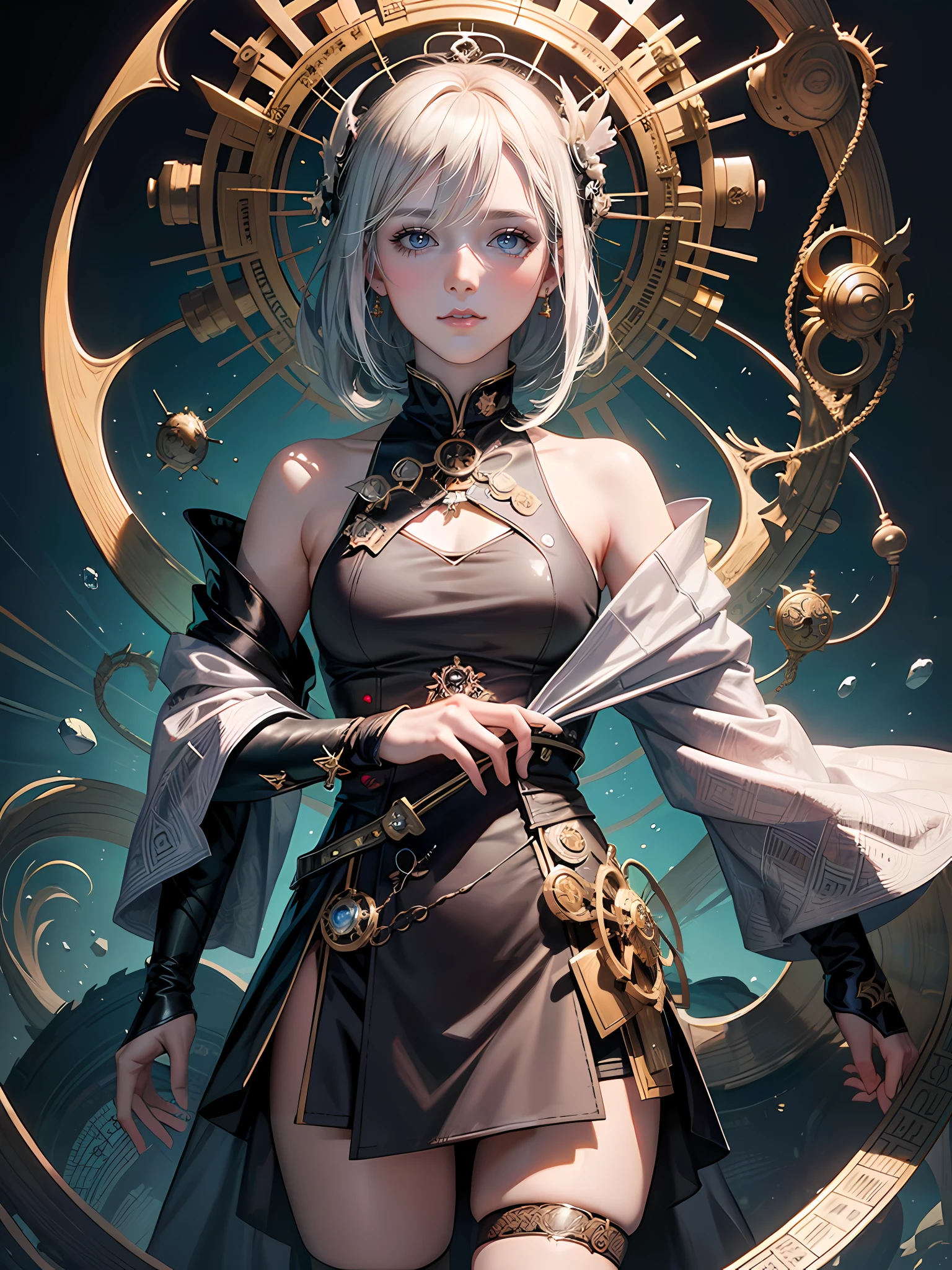 Anime girl holding sword and skirt in front of the clock, Kushatt Krenz Key Art Women, WLOP Art, Ross Tran 8 K, epic exquisite character art, 2. 5 D CGI anime fantasy artwork, Stunning character art, Fanart Meilleure ArtStation, intricate wlop, artgerm julie bell beeple, art by wlop,Two slender arms