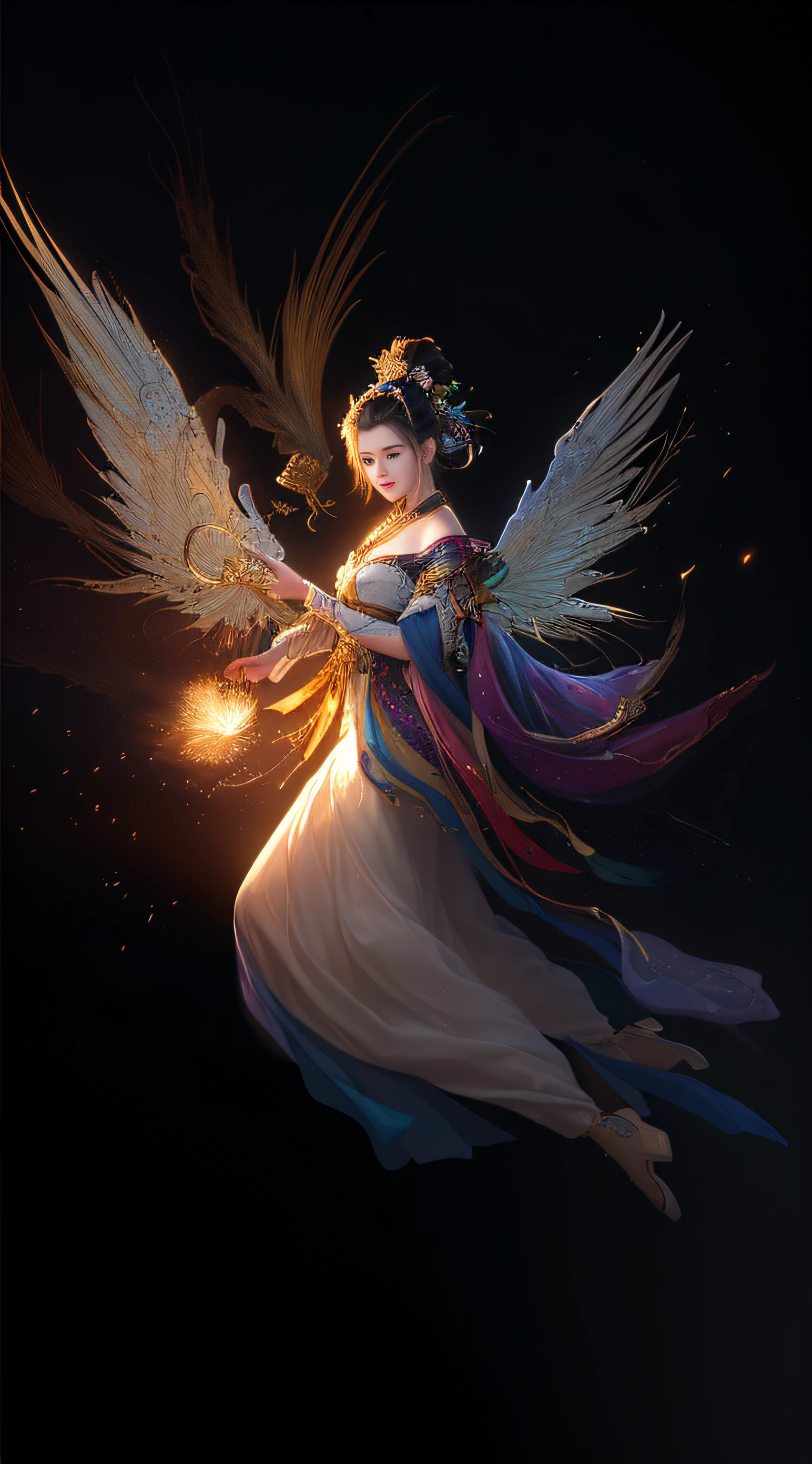 (8k, RAW Photos: 1.2), Best Quality, Illustration, Beautiful Painting, 1 Woman, Beautiful Face, Delicate Skin, Gorgeous Bun, Hair Accessories, Hanfu, Full Body, High Detail, Accent, Color Ink Painting, Splash Color, ((((colorful))), lycoris, sketch, denoising, ink splash, dramatic, cinematic, particle effects, fairy style, white background, super high resolution, best shadow, RAW, (HDR) (wallpaper) (cinematic lighting) (sharp focus), masterpiece, (Very detailed CG unified 8k wallpaper)