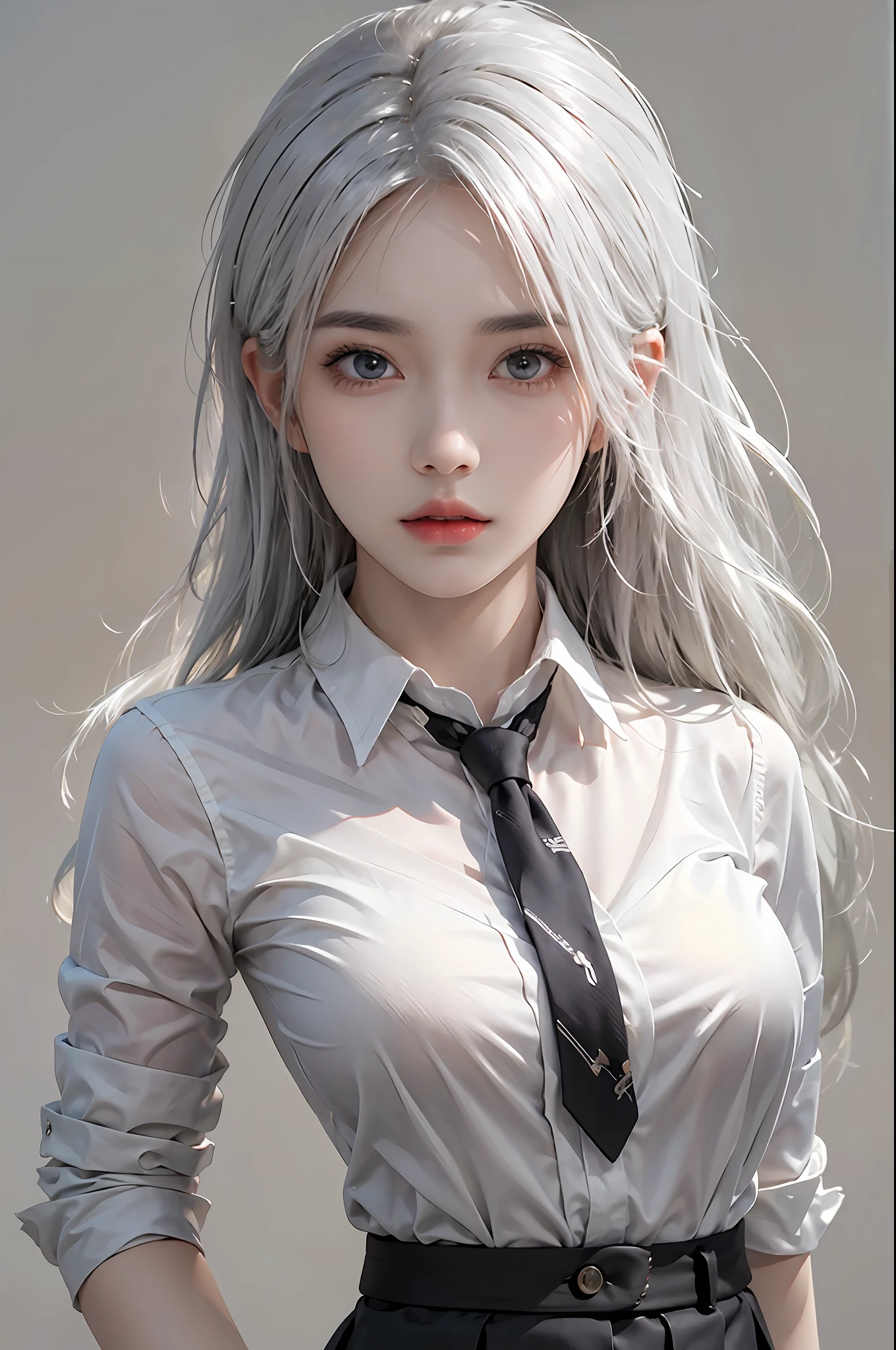 photorealistic, high resolution, 1 woman, ???? up, beautiful eyes, white hair, long hair, ringed eyes, collared shirt, black necktie,black skirt, pencil skirt