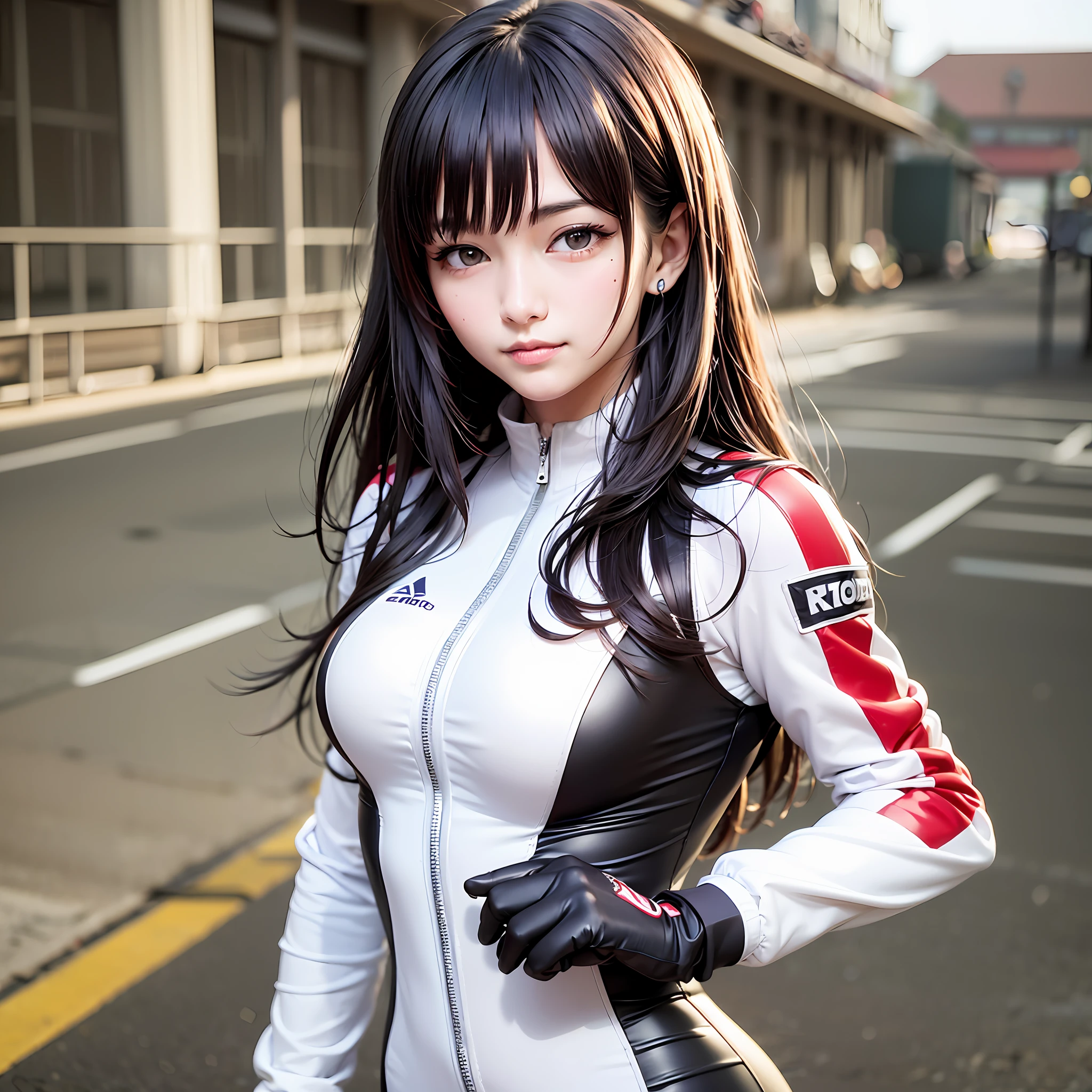 Highly detailed body、Middle hair、Lightly wavy hair、Weeping bangs、A dark-haired、beautiful detailed hair、Delicate beautiful face、seducting smile、beautifully detailed eyes、Authentic skin texture)、((White racing suit, Latex、jaket))、to stand、Very detailed 8k wallpaper、very precise details、(1womanl、middlebreasts、Constriction、20yr old、A MILF、Symmetrical face、eyes light)、(Narrow-eyed、eye liner、red blush、Black eyes)alluring face、perfectbody、japanes, glistning skin、high gloss skin、Professional Lighting、full body Esbian、the hair flutters with the wind、A smile、Walk on a racing track、facing straight at viewer、Do not put shadows on the face、
