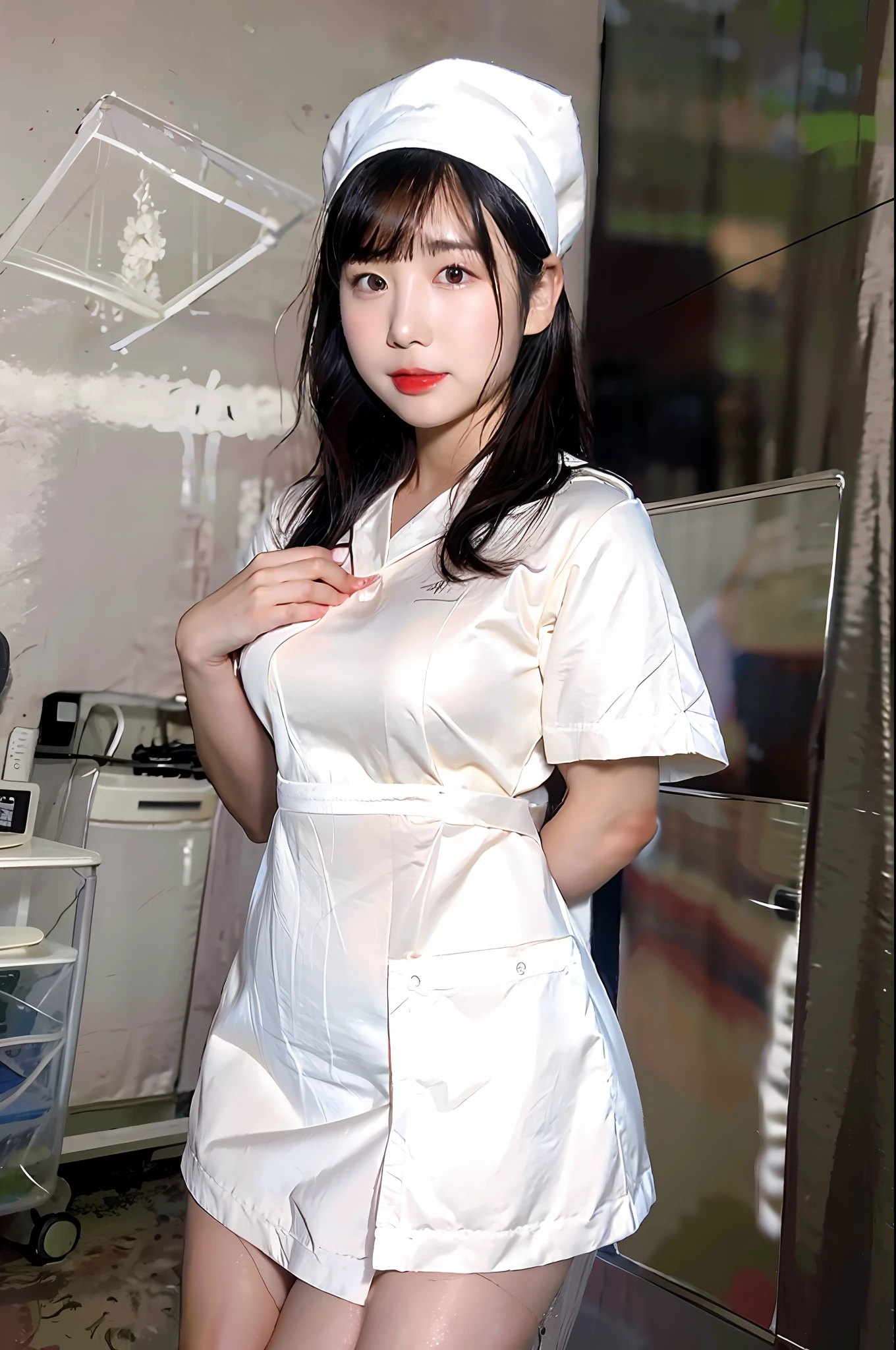 Alafed woman in white uniform posing in hospital room, nurse girl, Nurse, wearing a white hospital gown, Nurse Uniform, nishimiya shouko, with white coat, 奈良美智, sakimichan, doctor, Yasumoto Oka, close - fitting nurse costume, narumi kakinouchi