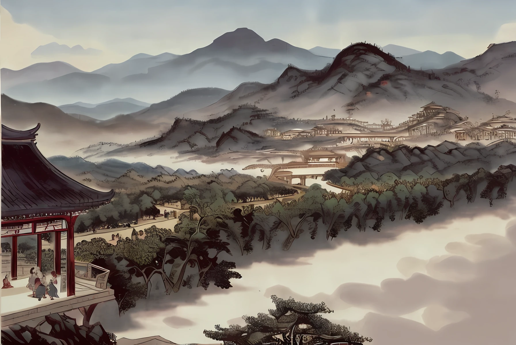 An ancient Chinese painting, ancient Chinese background, mountains, rivers, auspicious clouds, pavilions, sunshine, masterpieces, super detail, epic composition, ultra HD, high quality, extremely detailed, official art, unified 8k wallpaper, Super detail, 32k -- v 6