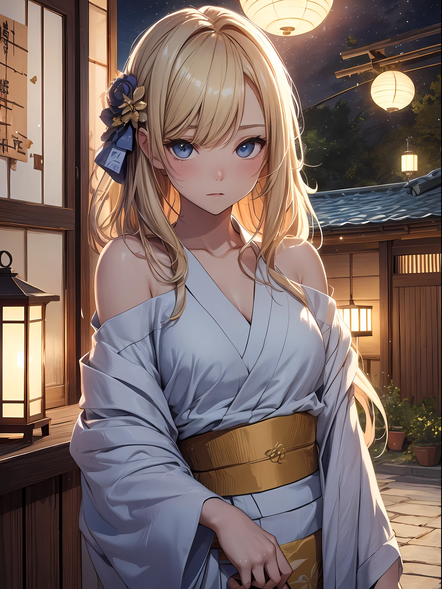 (masutepiece), Top quality ultra-detailed CG art, Dignified and beautiful women's yukata, a blond, Beautiful facial features, Vivid eyes, Sexy atmosphere, Scene with hair swaying。(Shots focused on a small area), A body shape that remains young, long beautiful hair,, An expression that makes you feel a commotion in your chest, night landscape、Atmosphere like a Showa idol、Fluffy beds、ryokan、Shoulders bare、Big eyes、