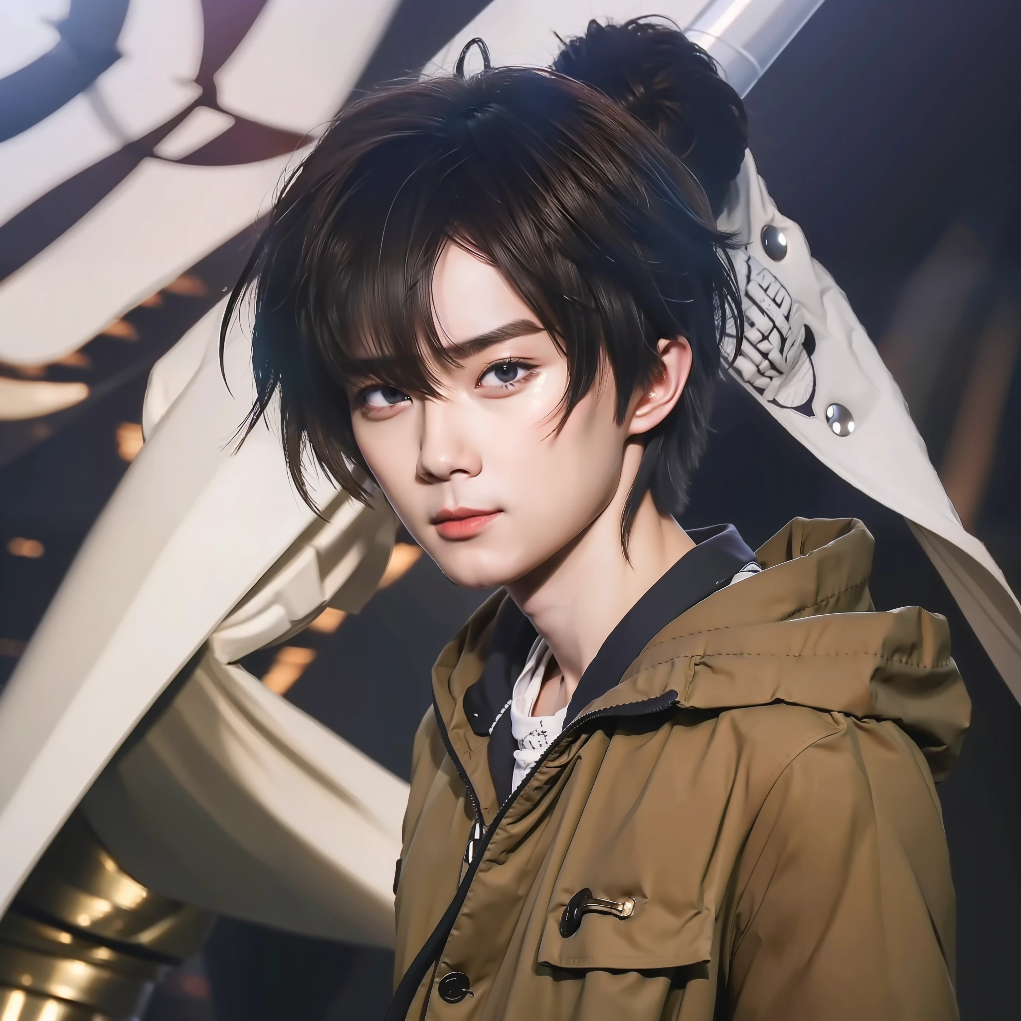 boy, shinei Nouzen, handsome, brown jacket, black hair, red eyes, realistic, ultra detail, 70mm lens,