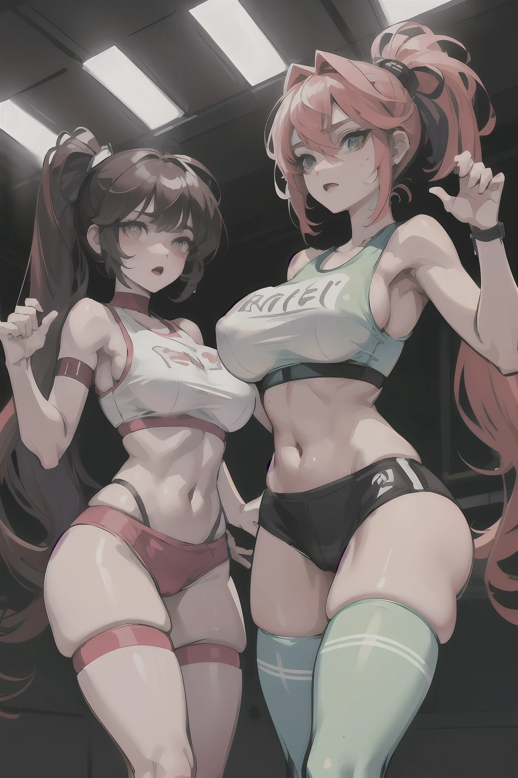 Two young women, (anime), full body poses, exercising intensively in a gym, wearing sport bras and thong made of see-through fabric, with sweat glistening on their bodies. Both have detailed short and messy multicolored hair with smirks face, and one of them has visible pubic hair. They have toned athletic bodies whit slim waist and huge sized breasts. (puffy nipple:1.3)