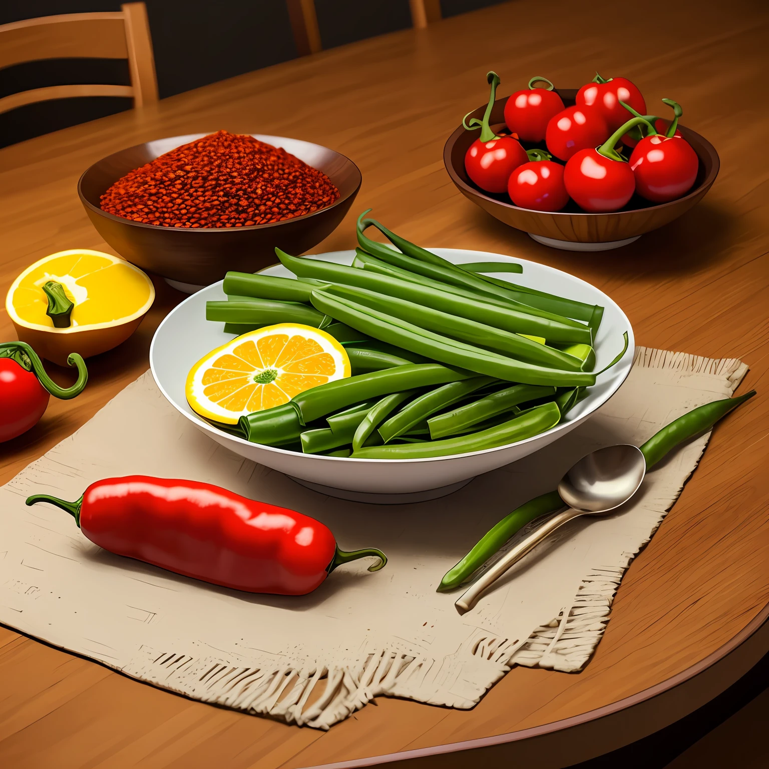 Super realistic 8k closeup photo of kitchen table, intrincated details, In the lower left corner of the dining table, Place a red pepper and a green pepper、Star anise and green onion,Be as realistic as possible,The delicate bowl in the middle of the picture contains more than two-thirds of the food --auto