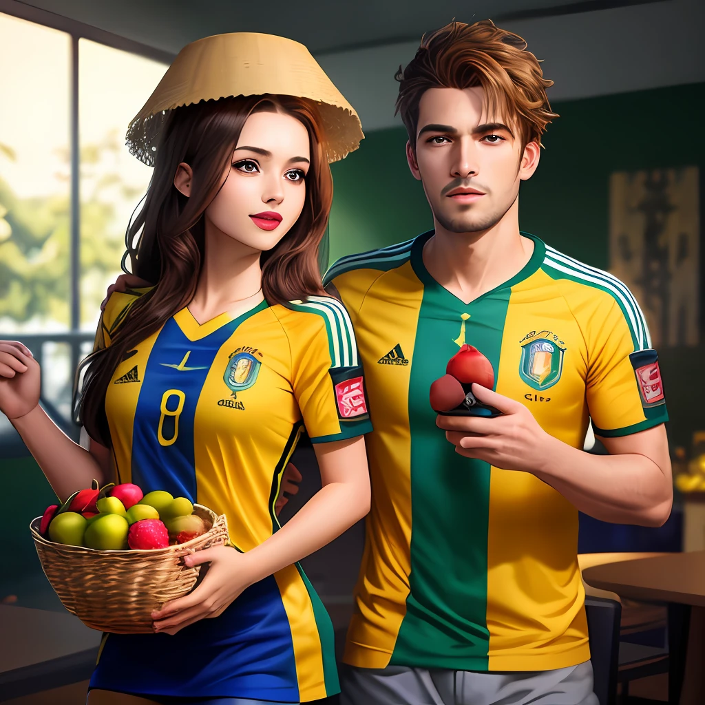 best quality: 1.1), (Realistic: 1.1), (fotografia: 1.1), (Detalhes adicionais: 1.1), ((((A man wearing a soccer shirt from Brazil is with a woman with a basket of fruits on her head)))),(((beijo na boca))), Um abacaxi no cabelo, (sentado na cama verde e amarelo), corar, Shy, portanto_Hair, abacaxi, olhando para baixo, (2 velas de macumba), brasileiro_Clothes, Drapeja, brincos, Hair_decorations, Interiores, jewelries, curtas_manga, vestido amarelo, red lip, borlas do mamilo, (Colcha verde e amarelo), (motel brasileiro: 1.2),