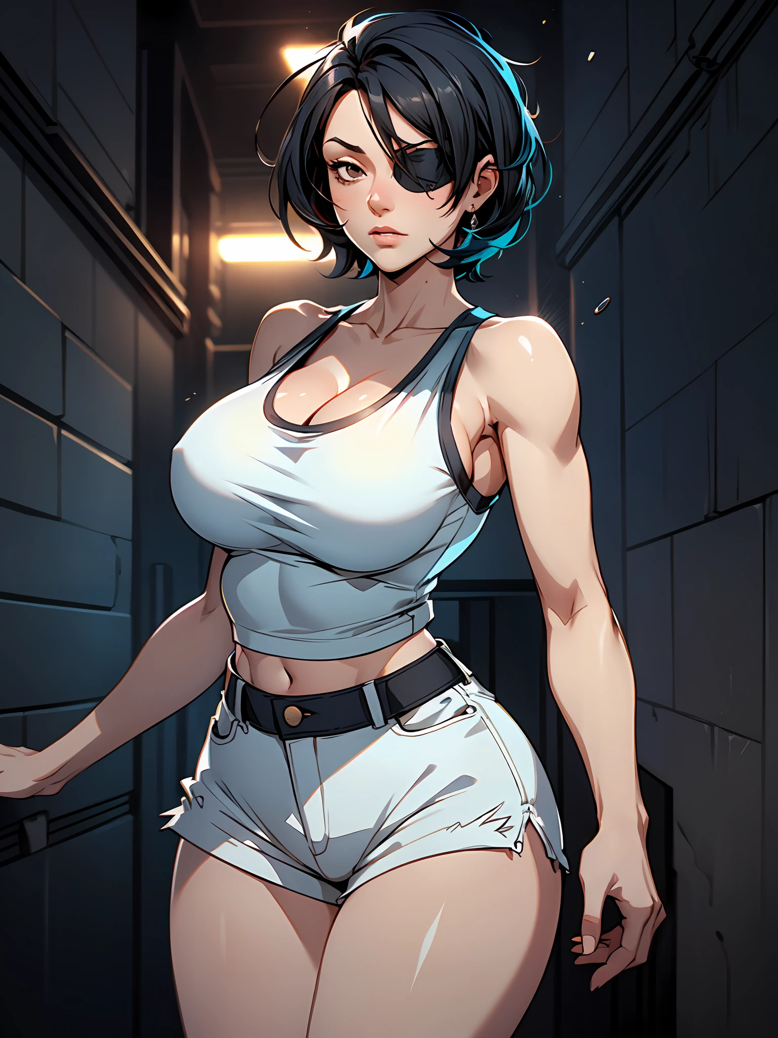 Tall woman, (mature:1.3), short black hair, black eyepatch, dark blue tank top, white shorts, drunk, big breast, dynamic lighting, two tone lighting, high contrast