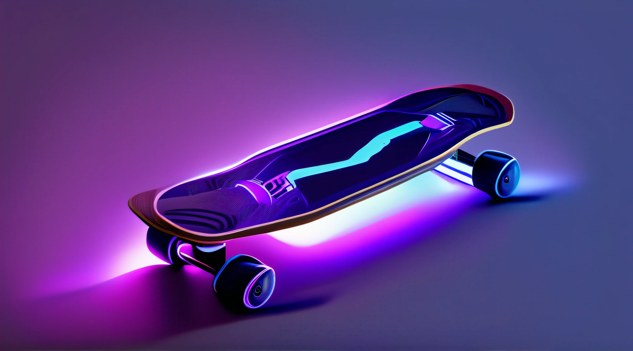 Electric skateboard promotional image DNA shape logo cool reflective premium light and shadow minimalist purple hue steam cyberpunk luminous four wheels