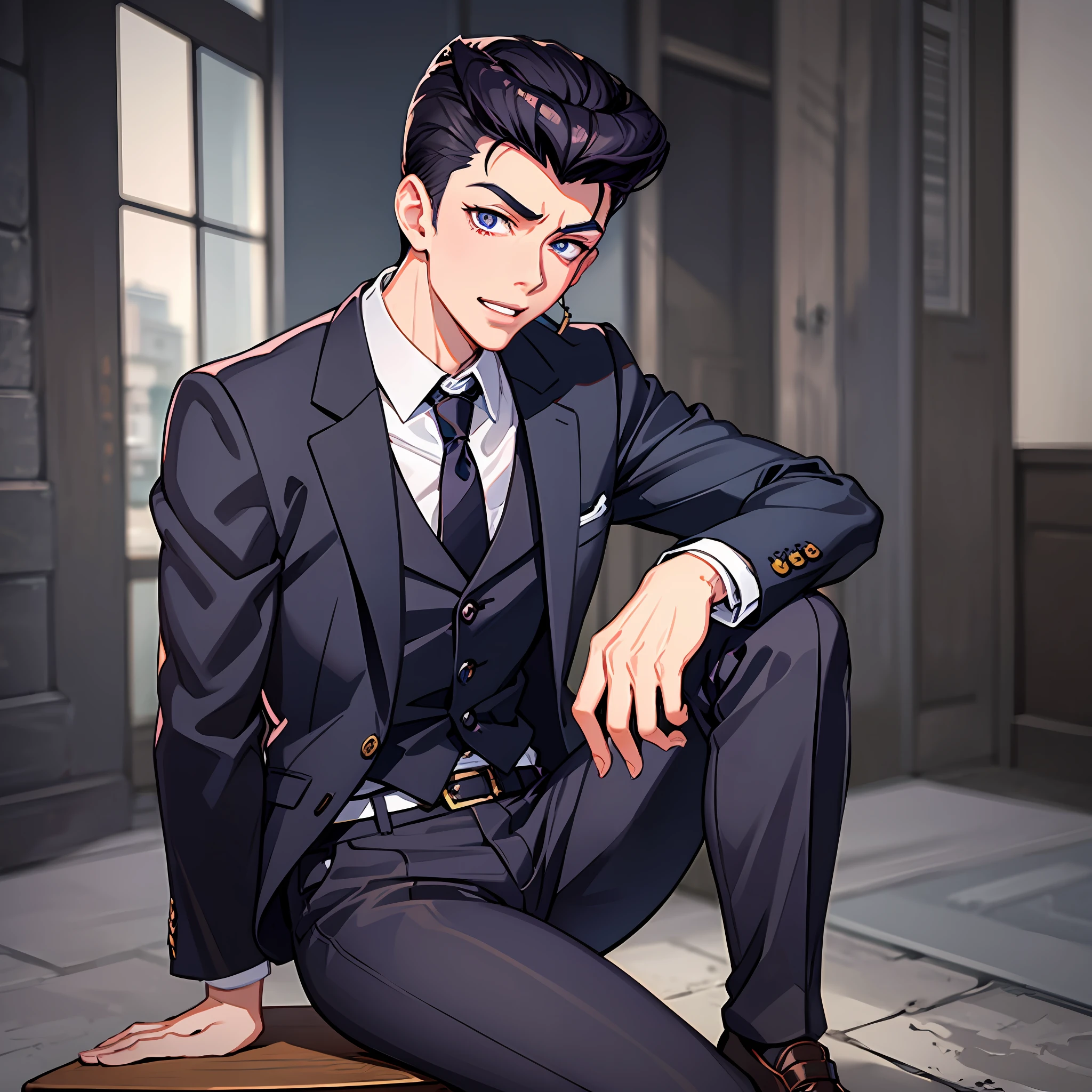 A boy in a suit，Inspired by Dongfang Josuke，In quaint streets，Very arrogant expression，Evil laughter, disdain, raised eyebrow，Sitting on a wooden stool with a boy，looking at viewert，Detailed digital anime art，Digital anime art，High quality anime art style