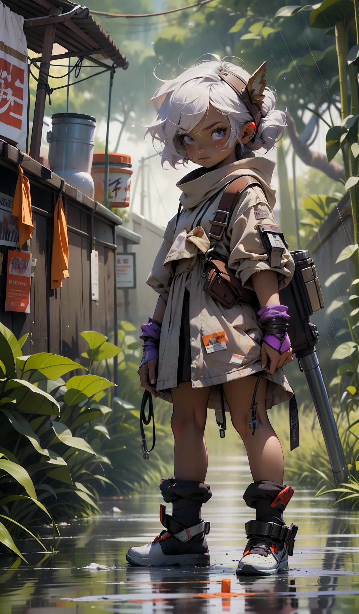 "A fierce 3-foot-4-inch warrior with tattered clothing and light purple skin, Tristana, holding a rocket launcher, stands firmly on the rain-soaked ground."