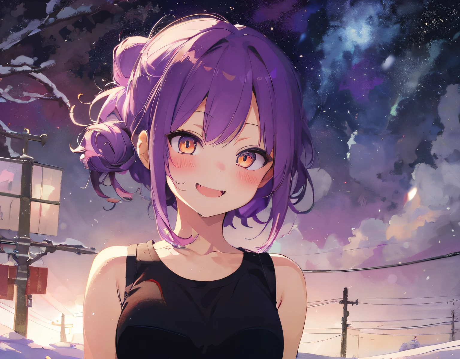 masterpiece, best quality, ultra-detailed, illustration, an extremely delicate and beautiful, cute, 1girl, solo, purple hair, amber eyes, tank top, snowing, giggling, fang, double peace