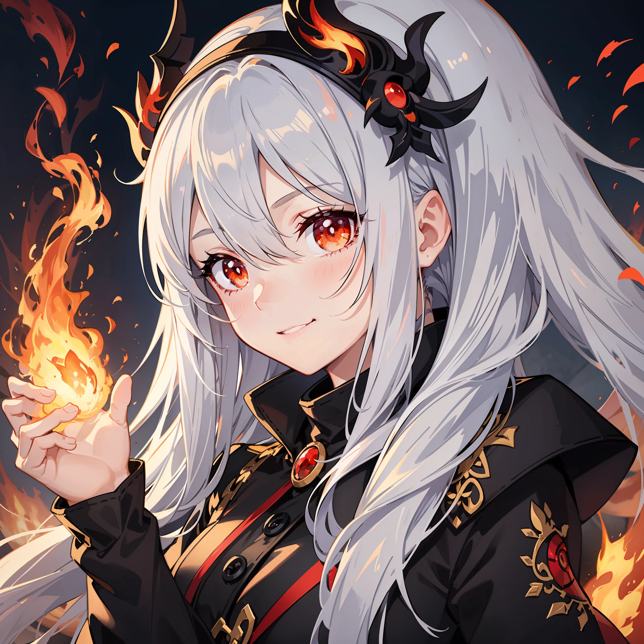 Animated girl little loli with long white hair，Crimson pupils，Crimson glowing pupils，A pair of flaming wings behind him，Not a single feather is as dazzling as flames，adolable，ssmile，1人，The upper part of the body，Burning sky and sea of fire as the background，China-style