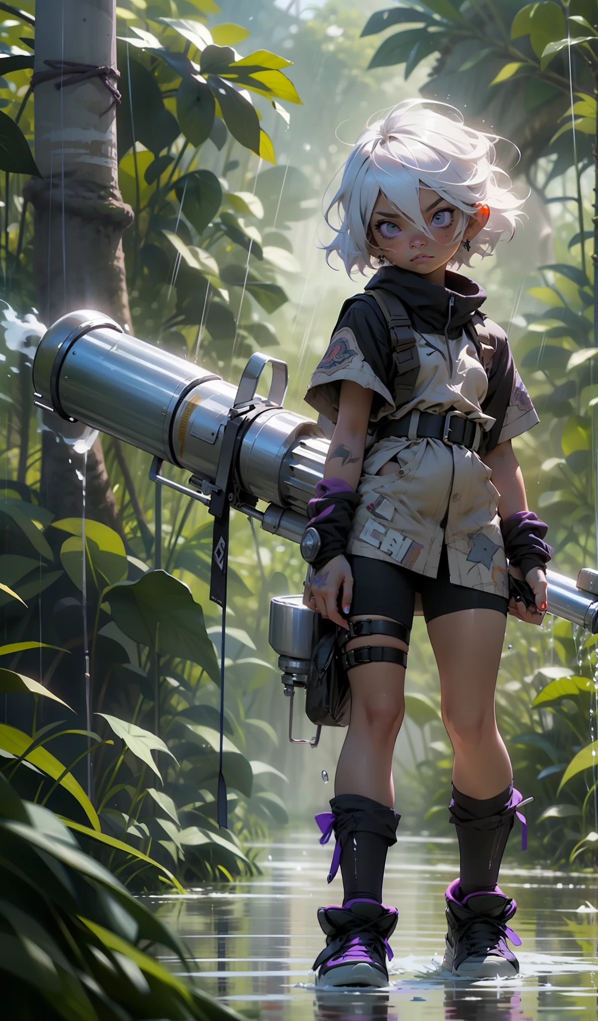 "A fierce 3-foot-4-inch warrior with tattered clothing and light purple skin, Tristana, holding a rocket launcher, stands firmly on the rain-soaked ground."