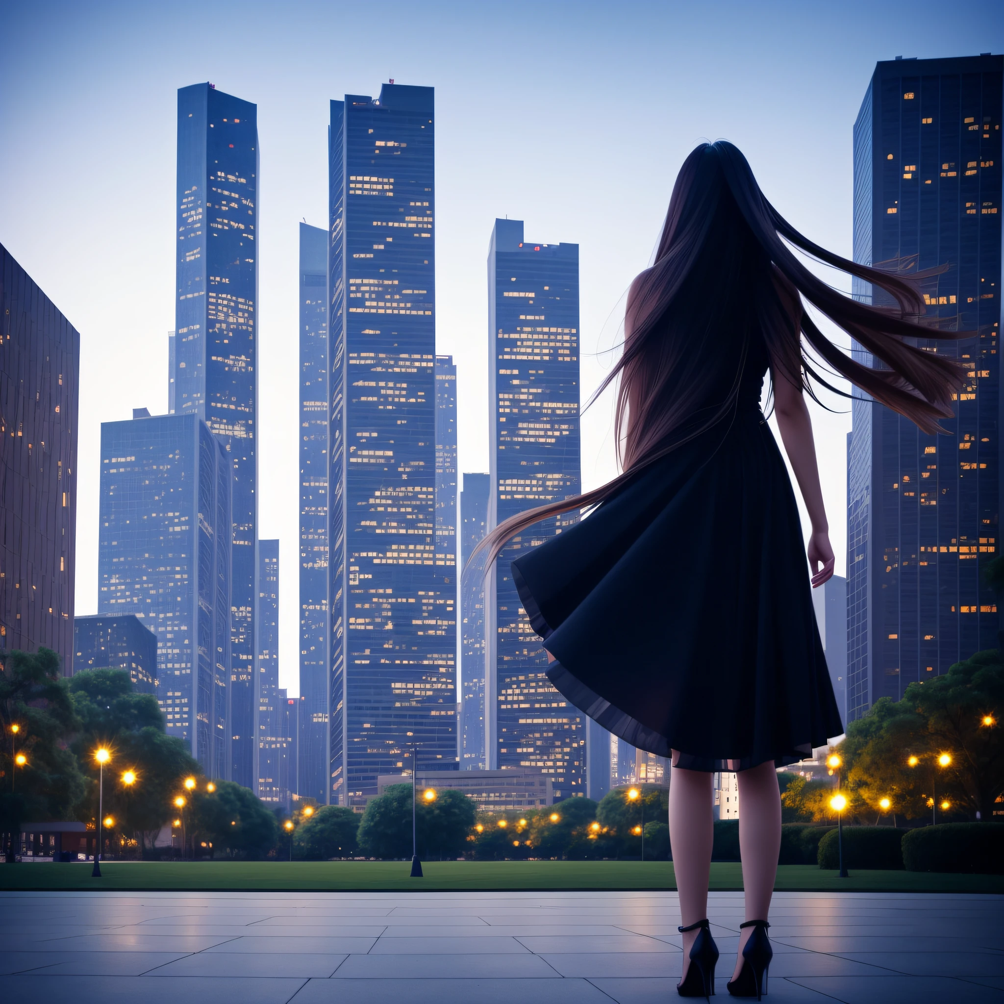Midnight,A beautiful girl standing in the park,Behind it is the silhouette of a tall building,Long hair flutters in the wind,Ray traching,Realistic style,Nineteen years old,Has long hair,One guy,Side Body,Show your face --auto