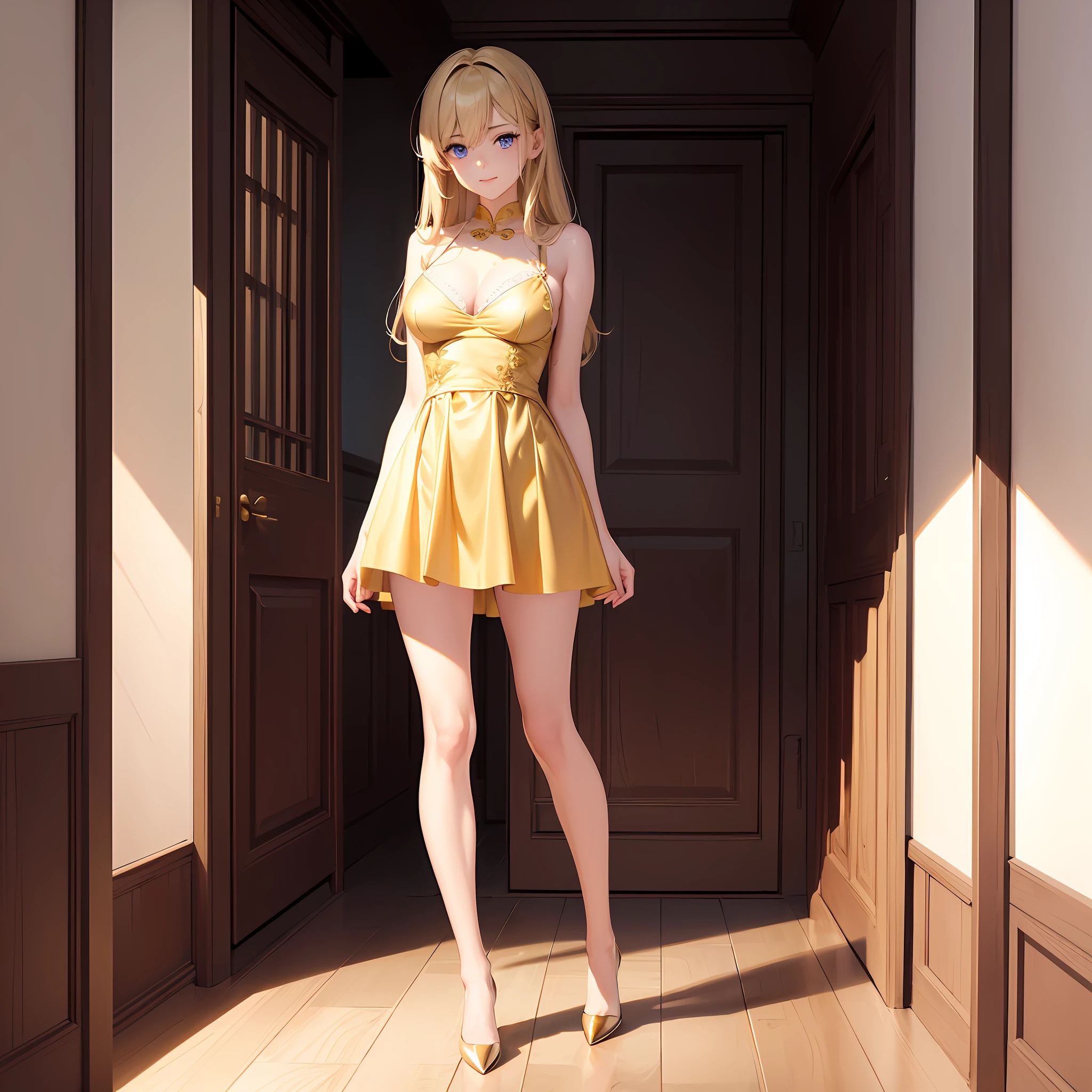 (A hyper-realistic), (illustratio), (hight resolution), (8K), (ighly detailed), (The best illustrations), (beautifully detailed eyes), (top-quality), (ultra-detailliert), (masterpiece), (wall-paper), (详细的脸), 独奏, 1 girl in, looking at the viewers, finely detail, A detailed face, murky, pureerosfaceace_v1, A smile, A half body, Long legs in transparent invisible underwear, big breasts thin waist, s ass, Ultra-thin makeup, invisible clothes, Legs apart、sexy dress、Scandinavian face、a blond、Blue eyes、Beautiful face、 girl、Expressive、Satin luster 、full body Esbian、Genital bite、 stand up、Beige underwear、The sheen、Nipple protrusions、The chest is、Golden cheongsam style、kawaii、Sexy dress figure、golden colored、Sexy standing figure、Golden dress