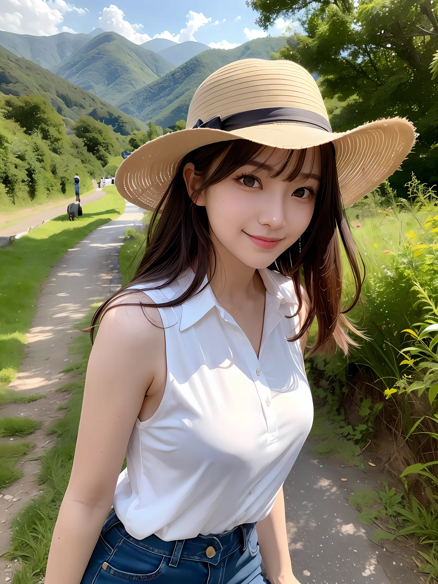 mastepiece, 1 girl per 1 photo, cowboy shot, direct front view, a Japanese young pretty girl, long bob hairstyle, riding a old bicycle on a path surrounded by mountains of a countryside of Japan, summer sunshine, glamorous figure, wearing a sleeveless shiny satin white blouse with collared, wearing a denim skirt, putting a white hat on, hyper cute face, a big smile, glossy lips, double eyelids for both eyes, natural makeup, shiny smooth light brown hair of long bob hair, asymmetrical bangs, tanned skin, central image, 8K resolution, high detail, detailed hairstyle, detailed face, cinematic lighting, octane rendering, hyper realistic, perfect limbs, perfect anatomy