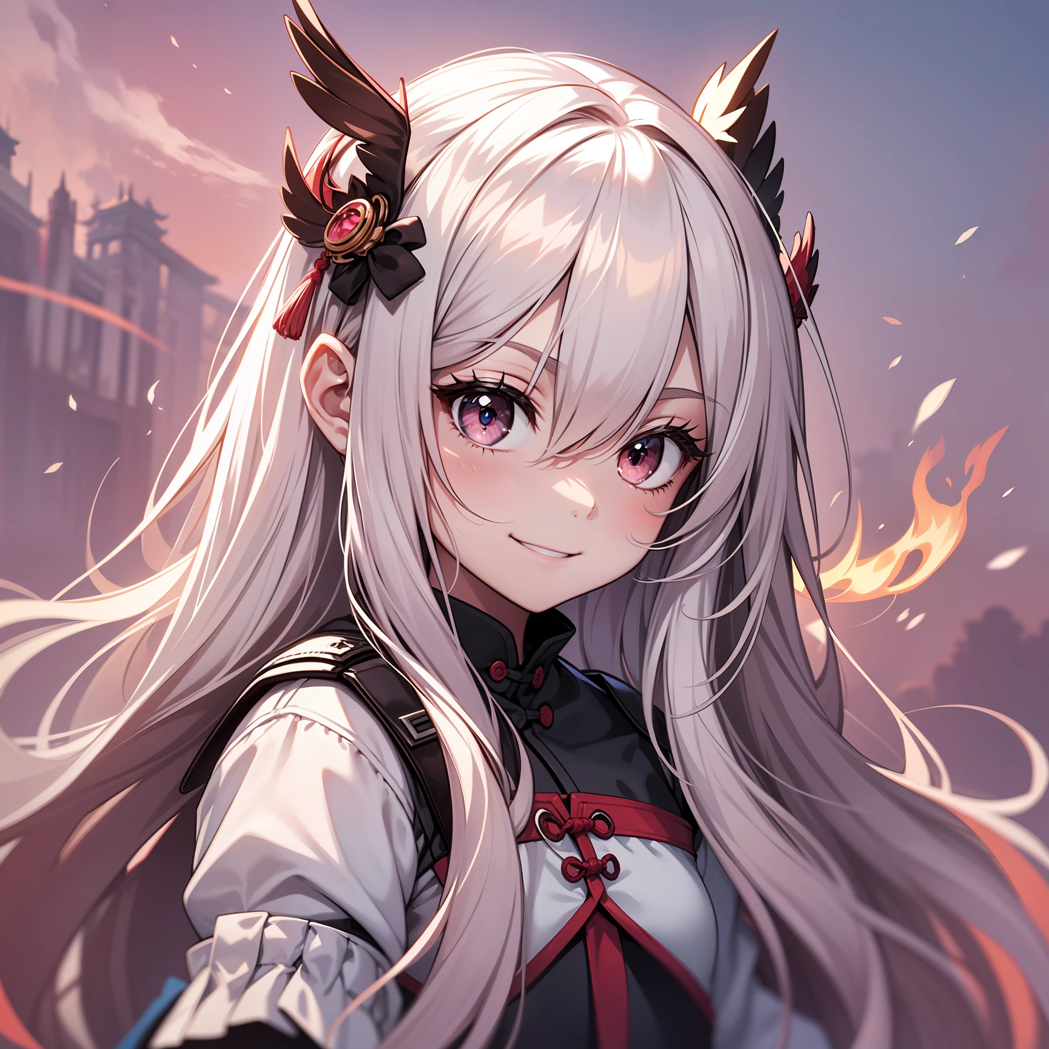 Animated girl little loli with long white hair，The red pupil has wings behind it，Like a flame，adolable，ssmile，1人，The upper part of the body，Pink sky background，China-style