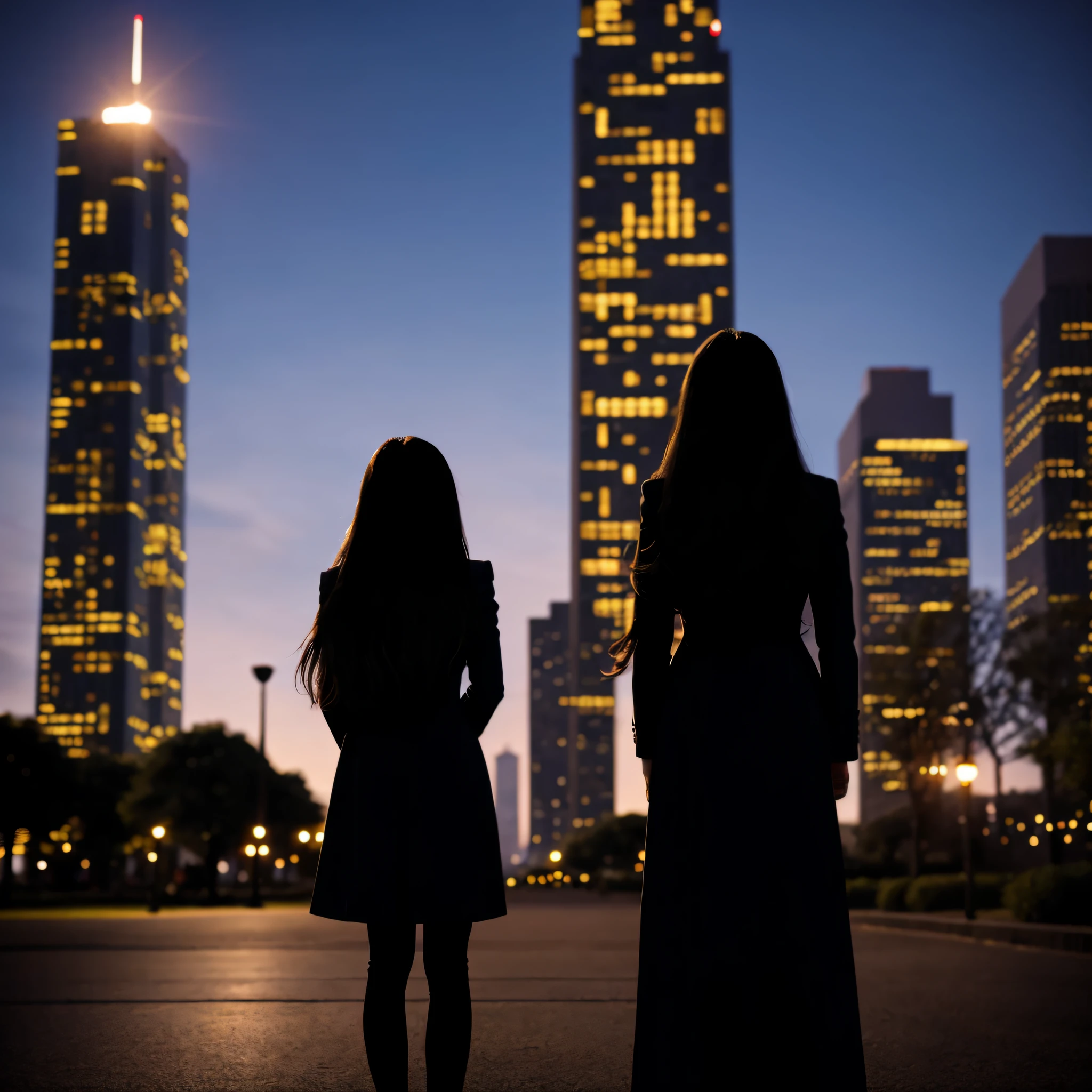 Midnight,A beautiful girl standing in the park,Behind it is the silhouette of a tall building,Long hair flutters in the wind,Ray traching,Realistic style,Nineteen years old,Has long hair,One guy,Side Body --auto